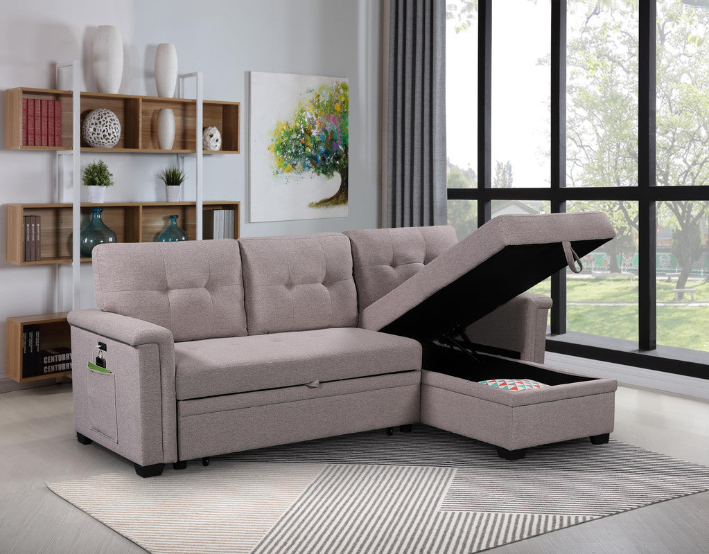 Ashlyn Light Gray Reversible Sleeper Sectional Sofa with Storage Chaise, USB Charging Ports and Pocket