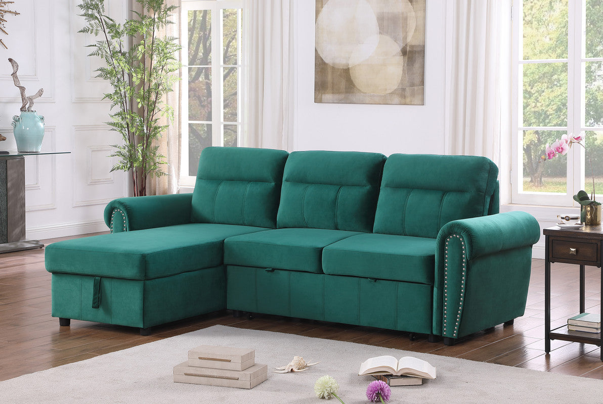 Ashton Green Velvet Fabric Reversible Sleeper Sectional Sofa Chaise