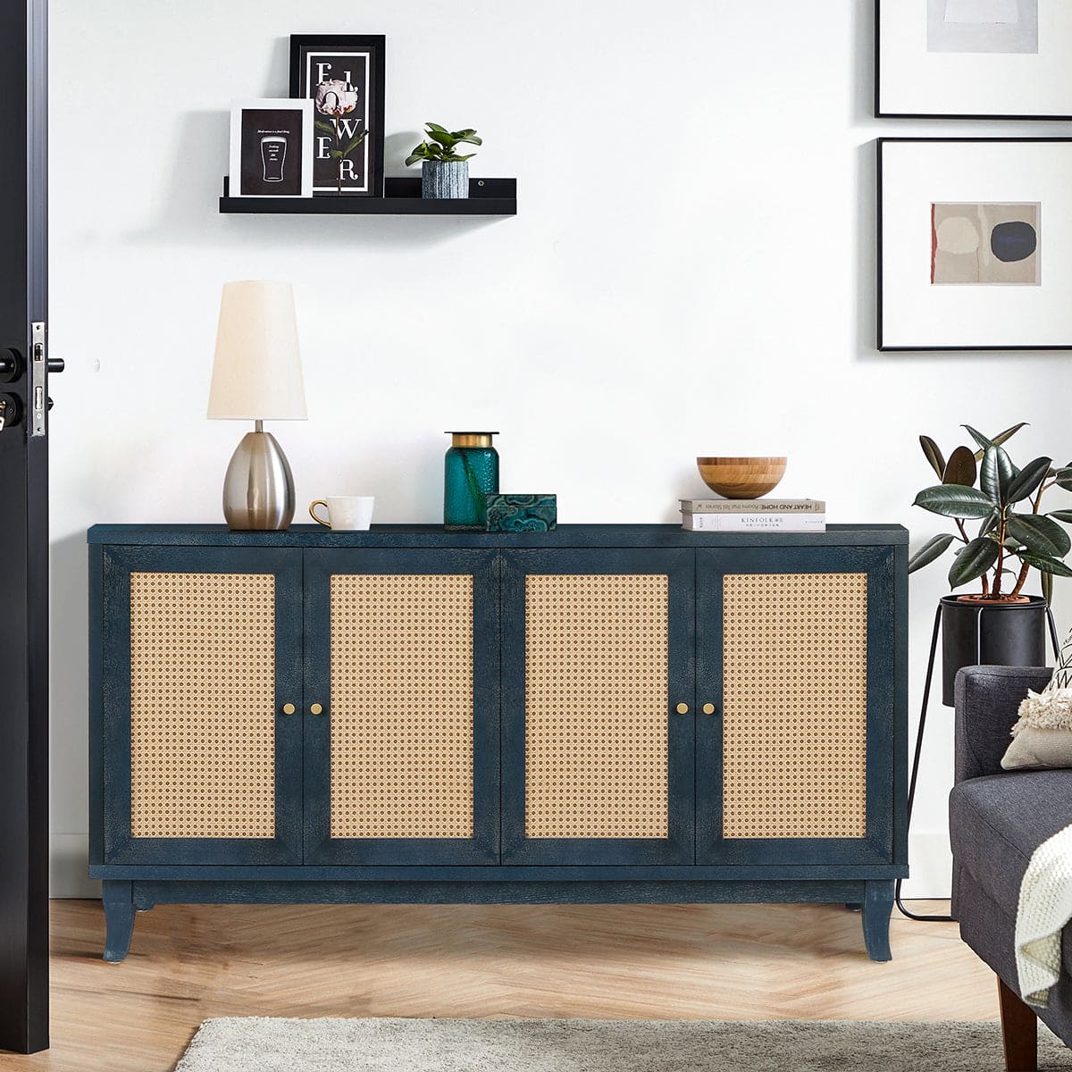 Handcrafted Premium Grain Panels,Rattan Sideboard Buffer Cabinet,Accent Storage Cabinet With 4 Rattan Doors, Modern Storage Cupboard Console Table with Adjustable Shelves for Living Room ,BLUE