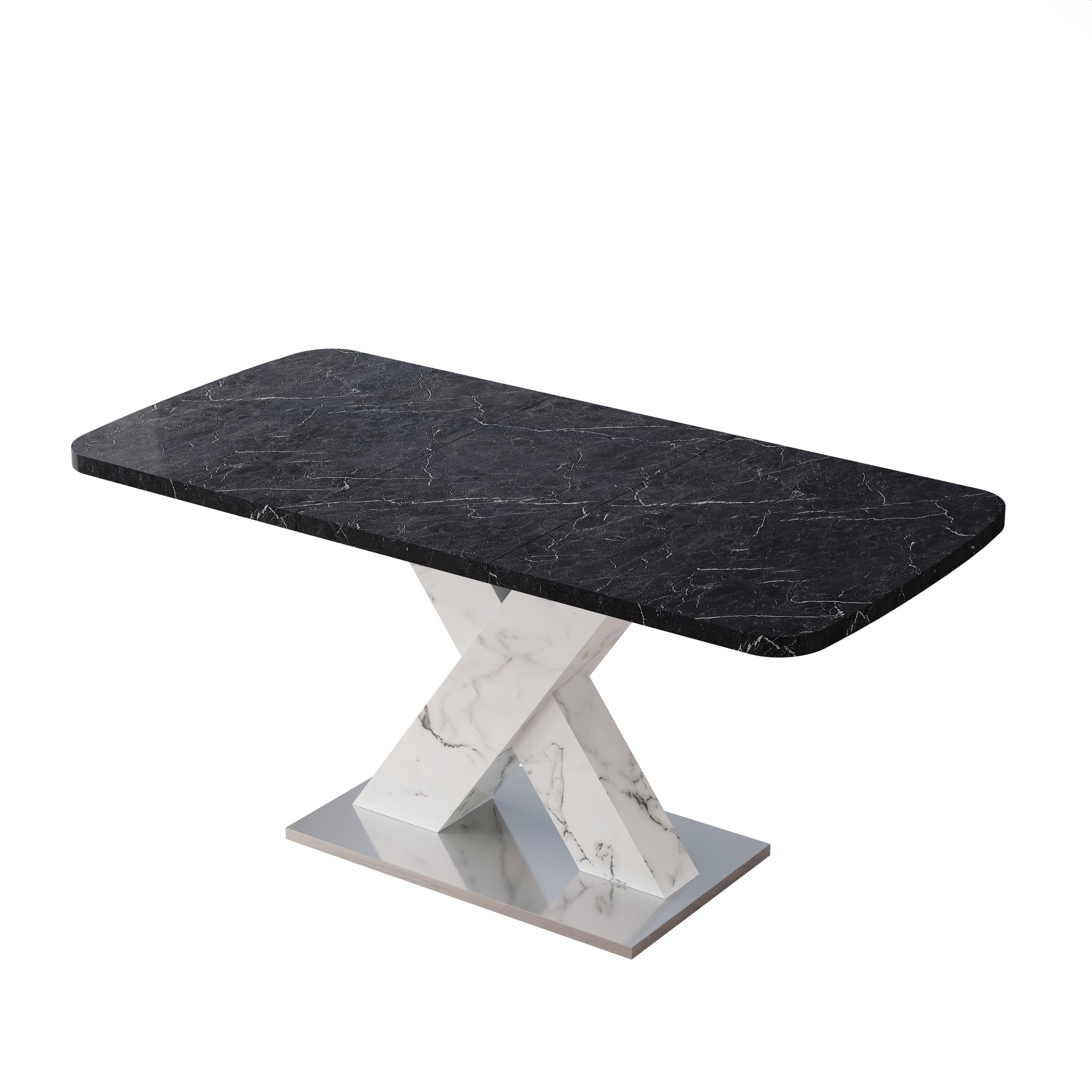 Modern Square Dining Table,Stretchable,Printed Black Marble Table Top+MDF White X-Shape Table Leg with Metal Base