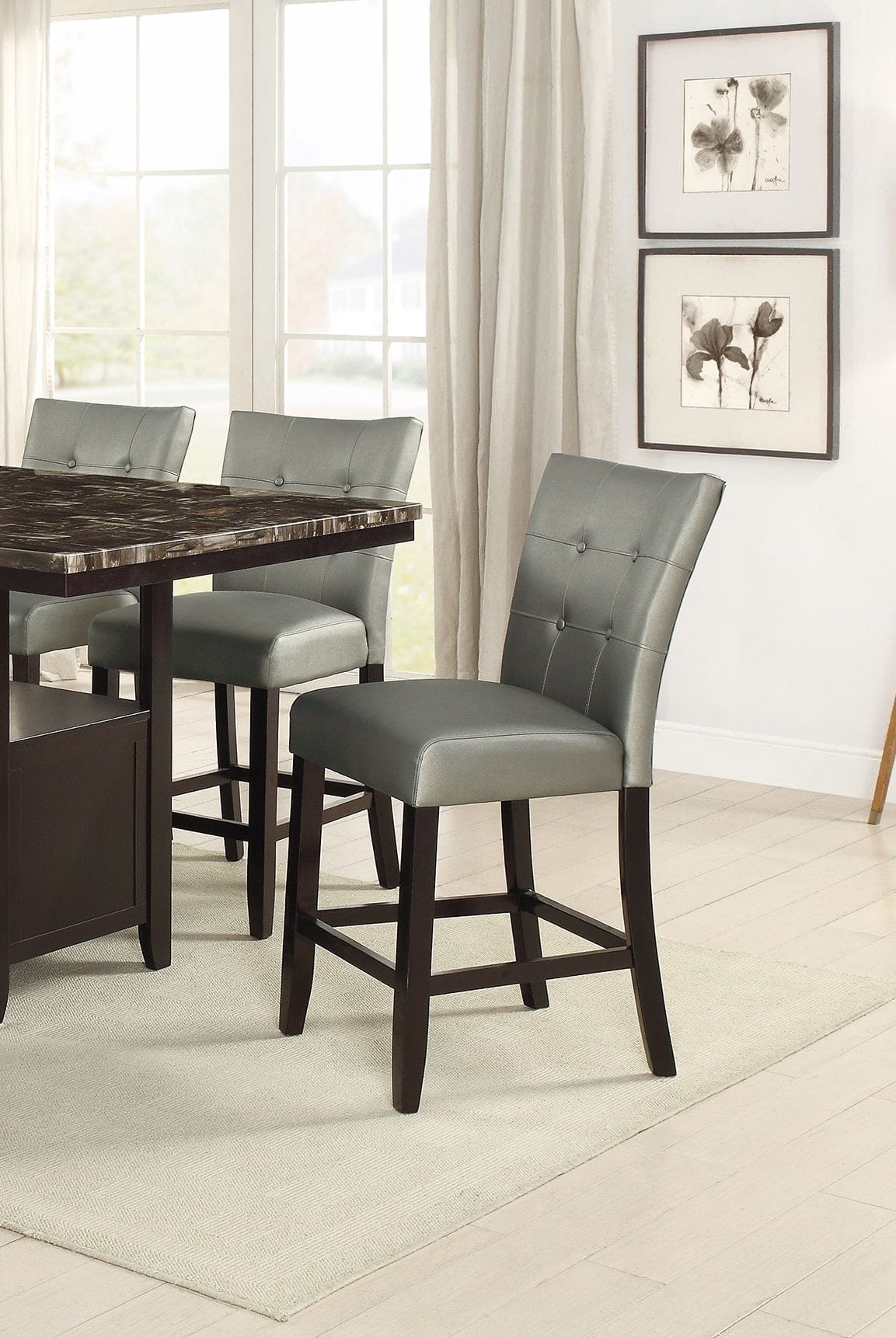 Dining Room Furniture 6pc Counter Height Dining Set Dining Table w Storage 4x High Chairs 1x Bench Silver Faux Leather Tufted Seats Faux Marble Table Top