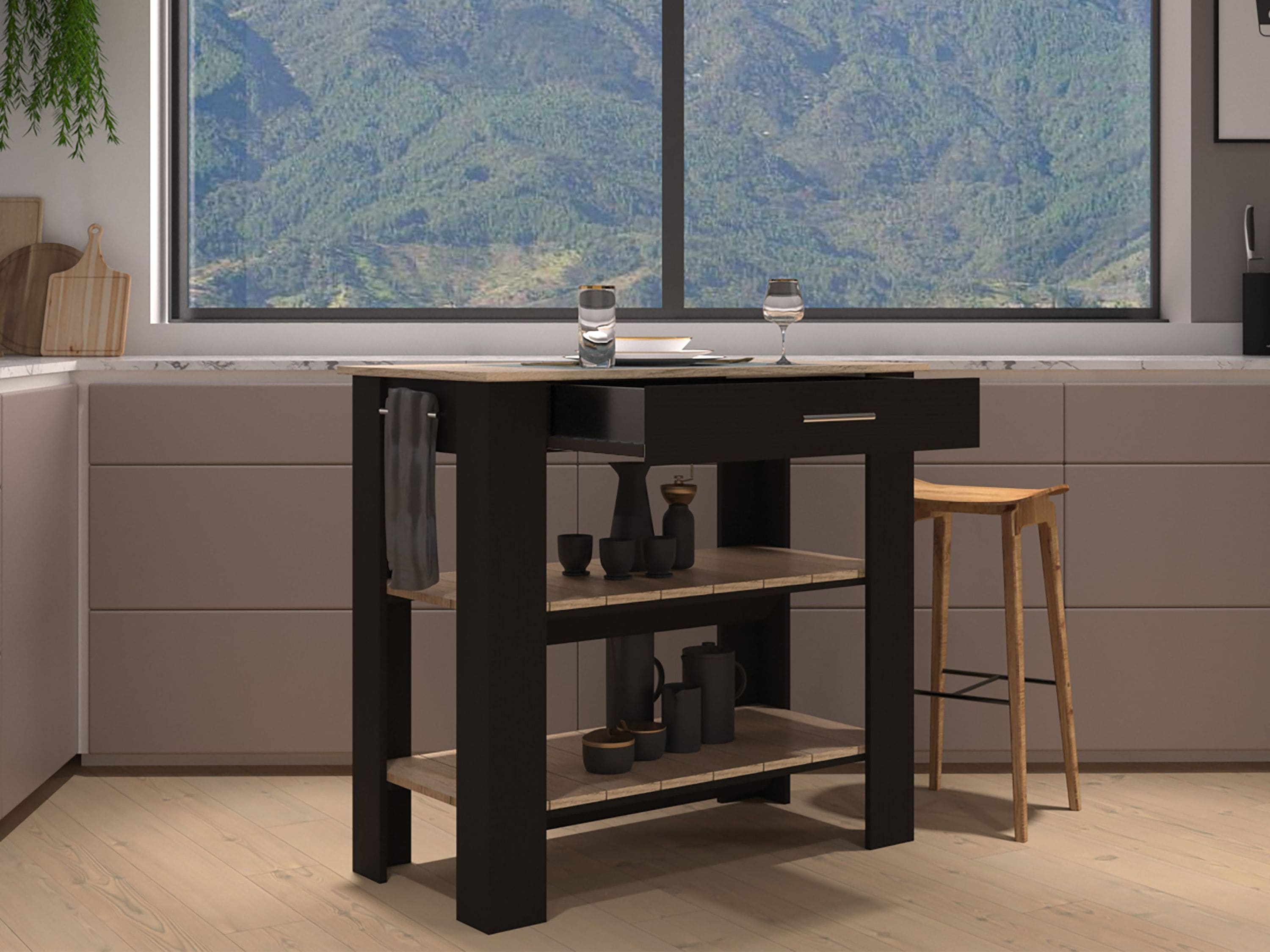 DEPOT E-SHOP Delos 40 Kitchen Island, Two Shelves, One Drawer, Four Legs, Black / Light Oak