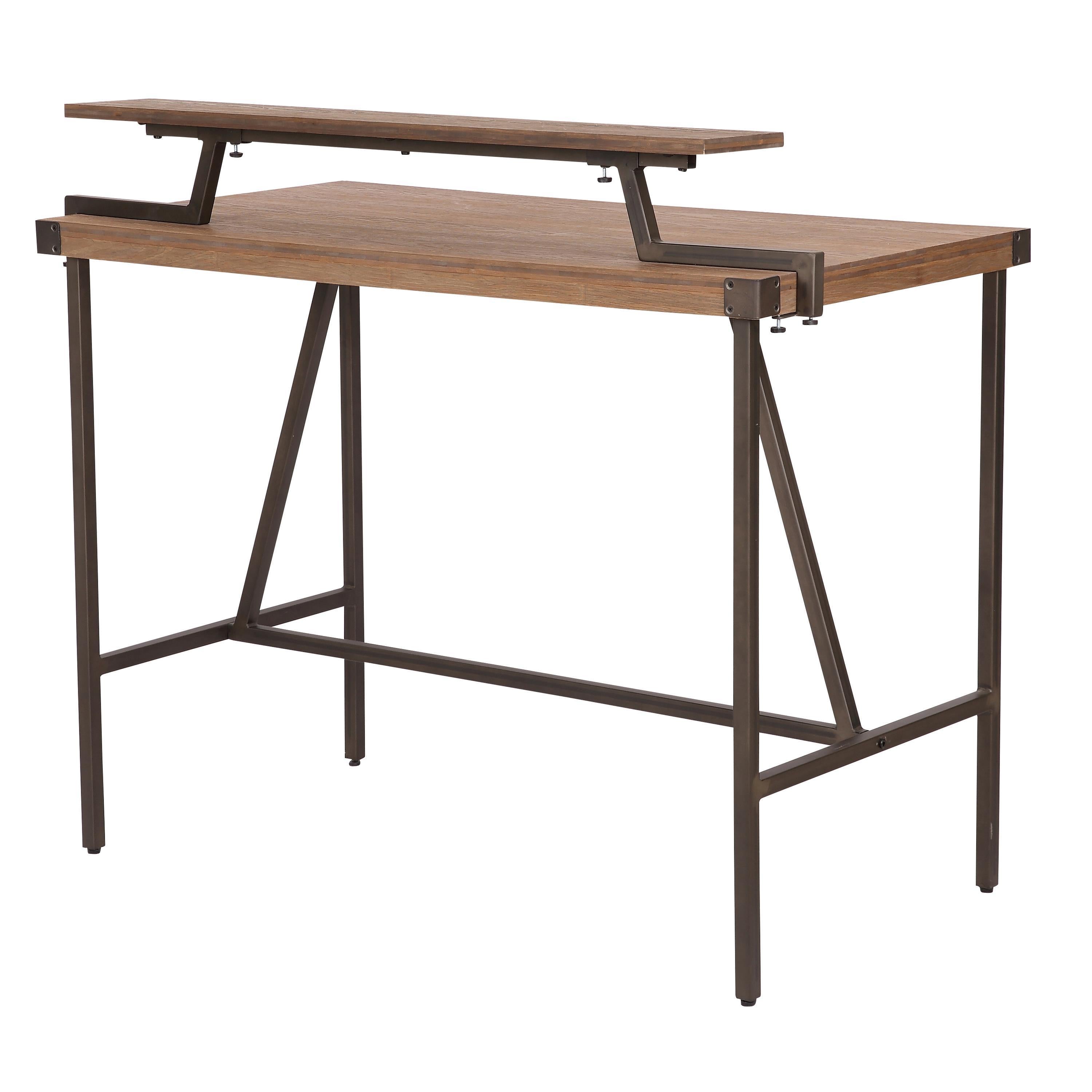 Gia Industrial Counter Table in Antique Metal and Brown Wood-Pressed Grain Bamboo by LumiSource