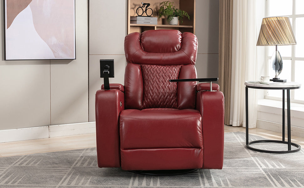 270 Degree Swivel PU Leather Power Recliner Individual Seat Home Theater Recliner with  Comforable Backrest, Tray Table,  Phone Holder, Cup Holder,  USB Port, Hidden Arm Storage for Living Room, Red