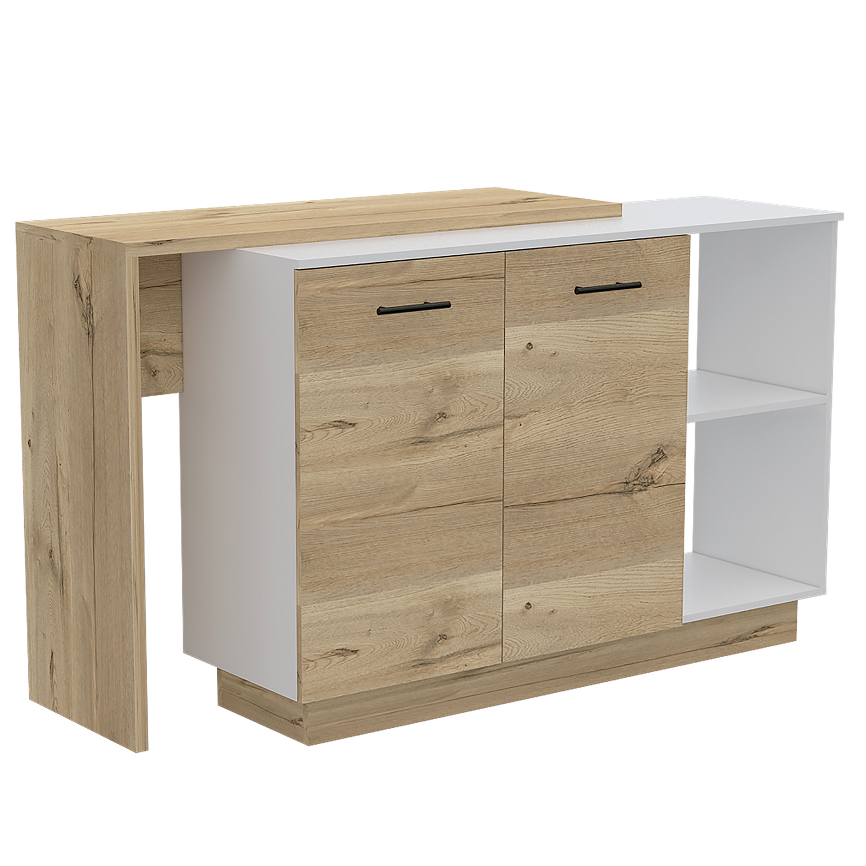 Sicilia Kitchen Island, Two  External Shelves, Double Door Cabinets, Three Shelves -White / Light Oak