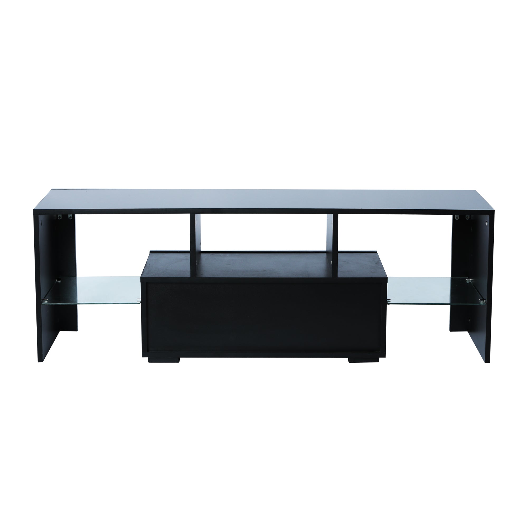 FashionTVstandTVcabinet,EntertainmentCenter,TVstationTV console,media console,with LEDlight belt,light belt remote control,toughenedglassshelf,metal handle,Canbeplaced in the living room,bedroom,black