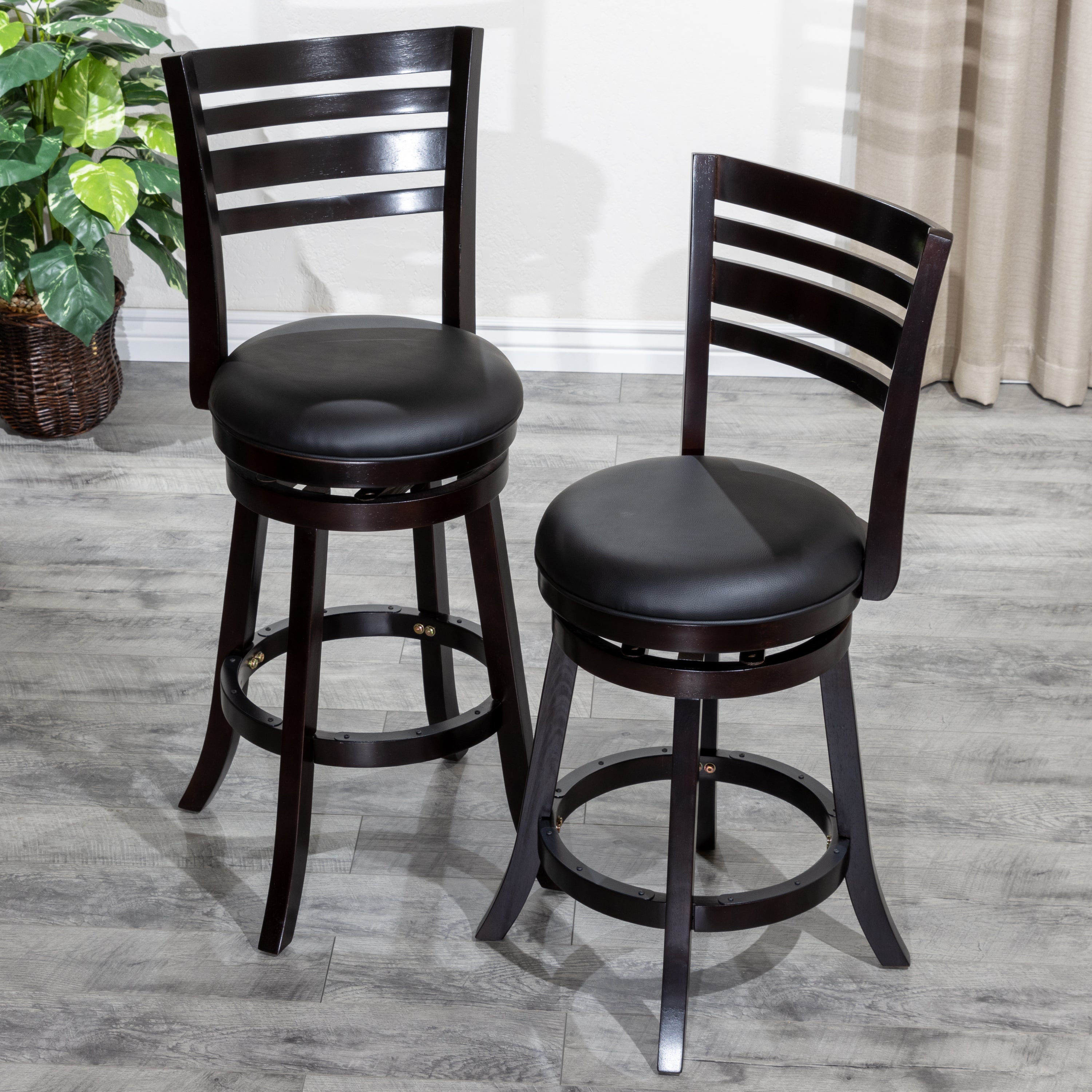 24" Counter Height Slat Back Swivel Stool, Espresso Finish, Black Leather Seat