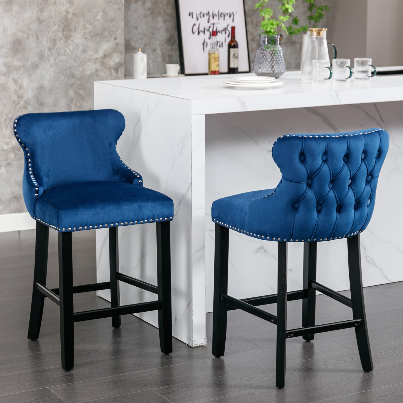 Contemporary Velvet Upholstered Wing-Back Barstools with Button Tufted Decoration and Wooden Legs, and Chrome Nailhead Trim, Leisure Style Bar Chairs,Bar stools,Set of 4 (Blue),SW1824BLx2 cartons