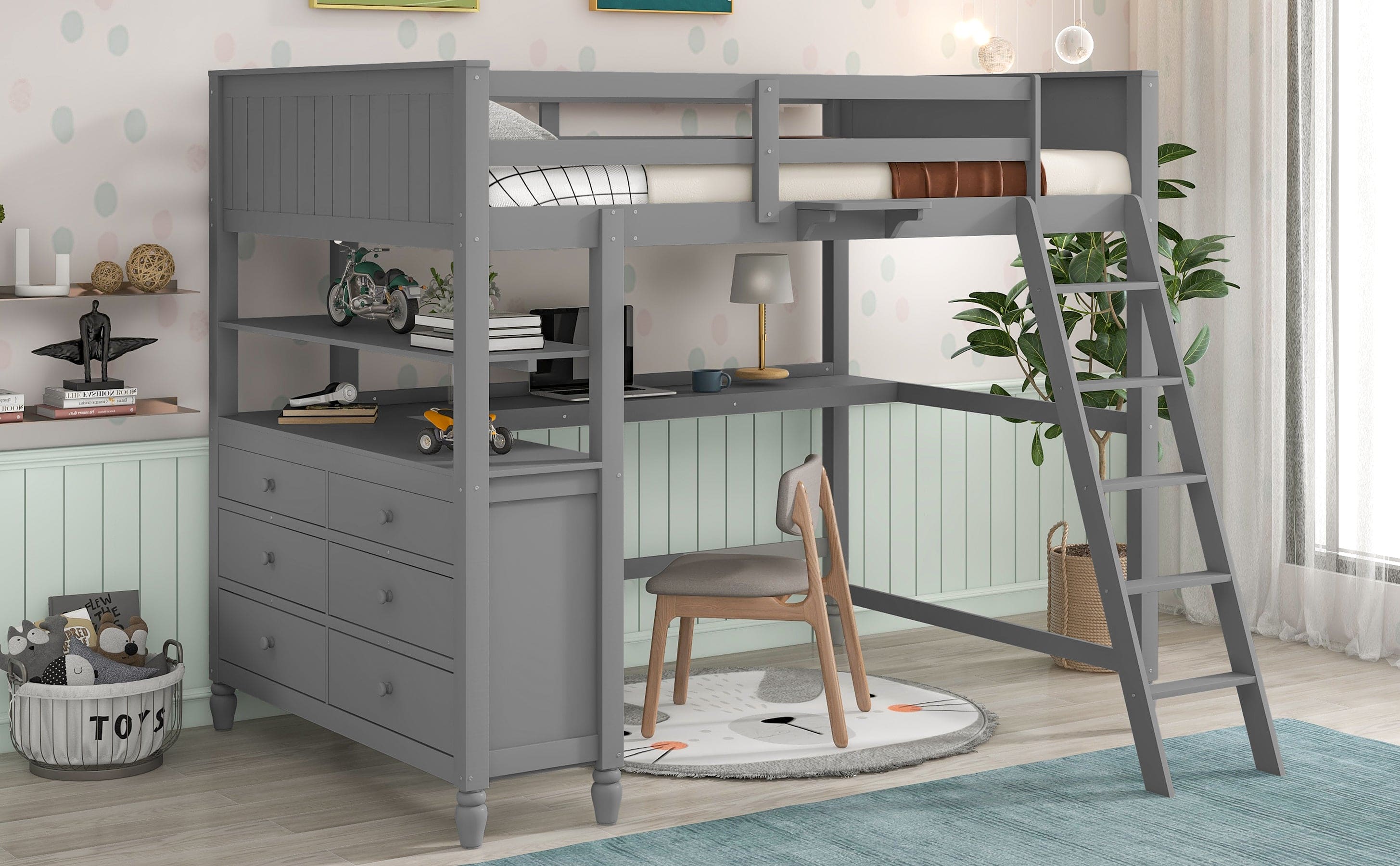 Full size Loft Bed with Drawers and Desk, Wooden Loft Bed with Shelves - Gray(OLD SKU:LT001529AAE)