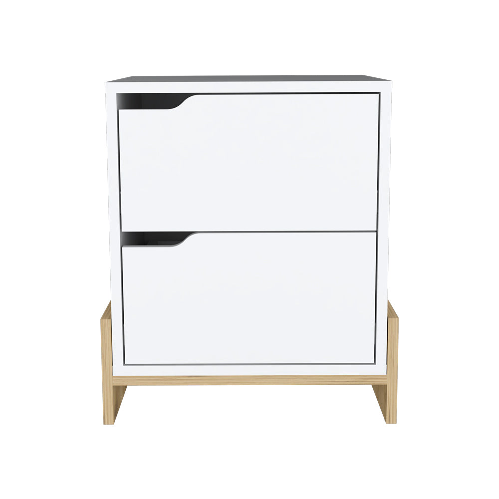 Nightstand Brookland, Bedside Table with Double Drawers and Sturdy Base, White / Macadamia Finish