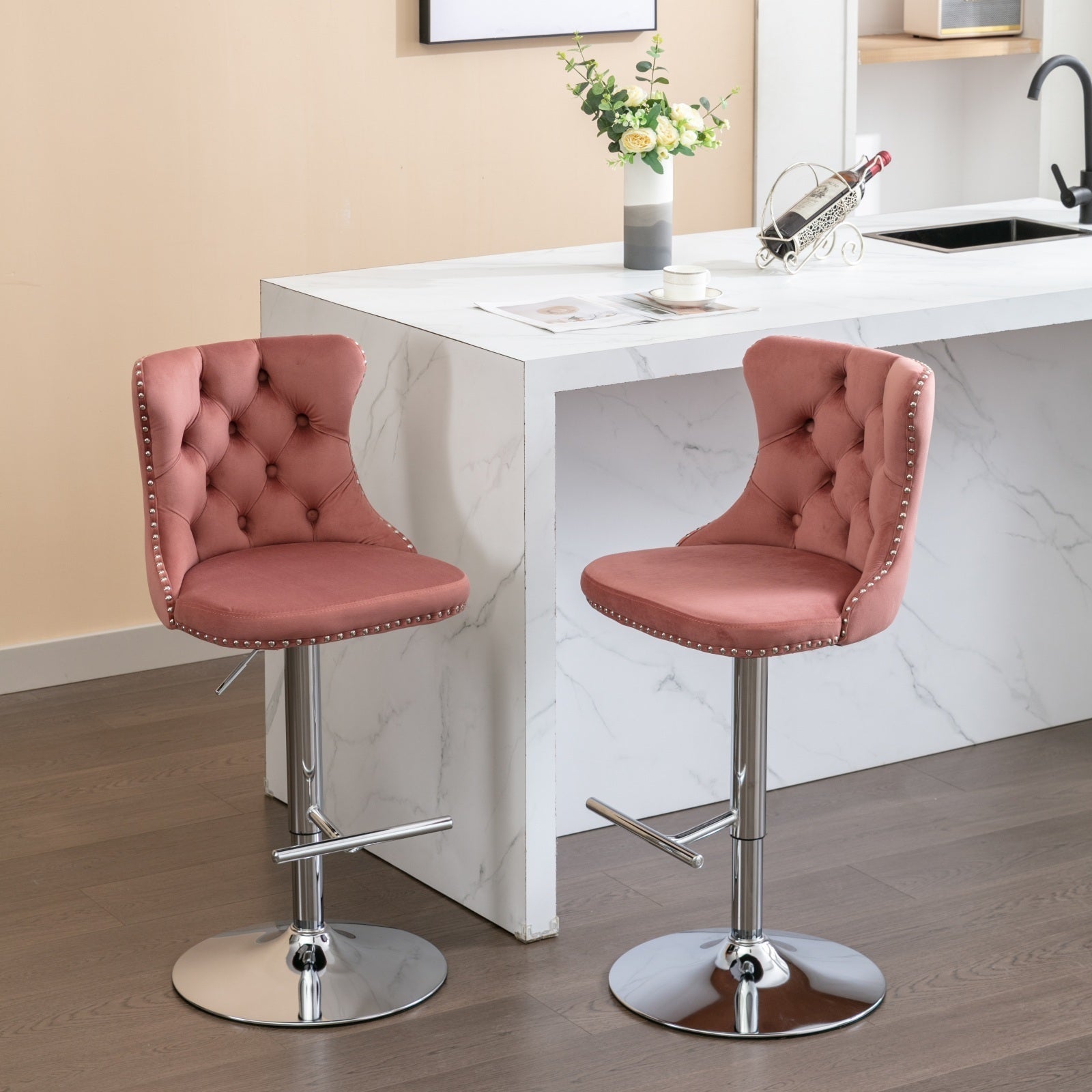 Swivel Velvet Barstools Pink Set of 2