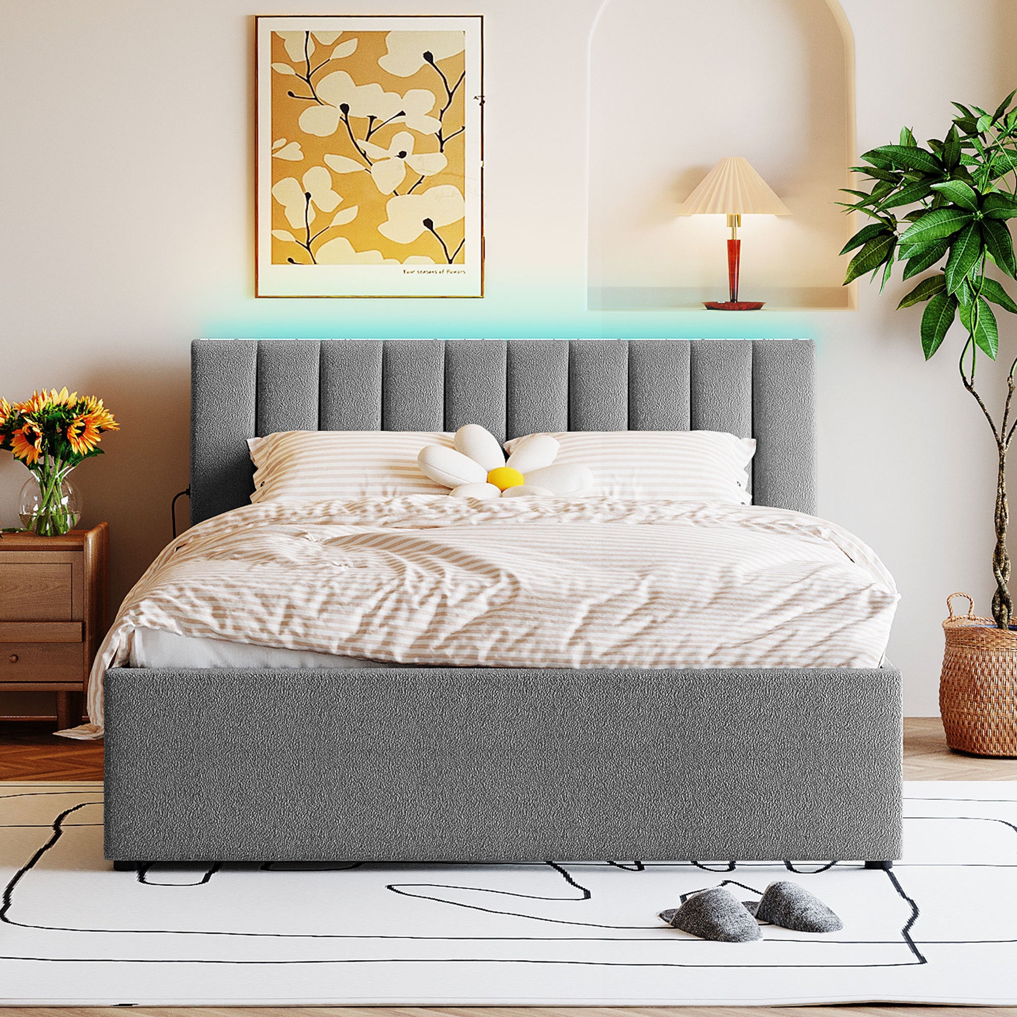 Teddy Fleece Queen Size Upholstered Platform Bed with Trundle, Gray