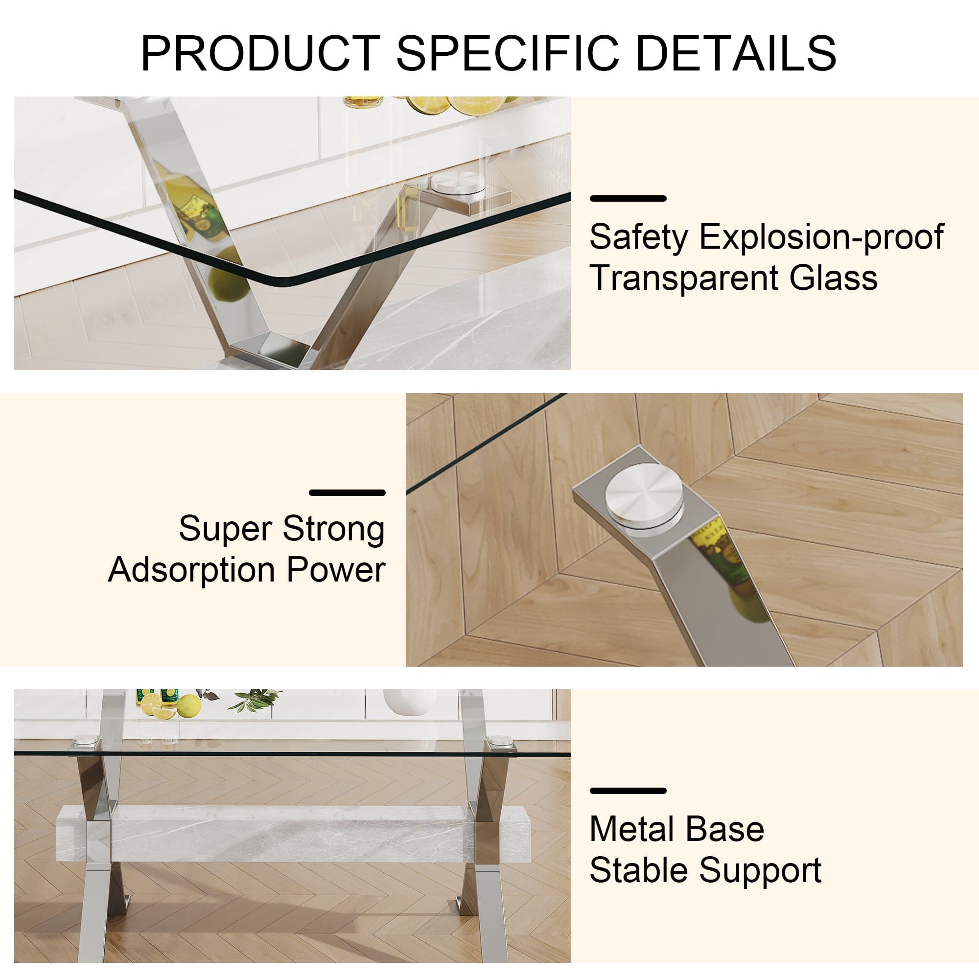 Dining table. Modern tempered glass dining table. Large modern office desk with silver plated metal legs and MDF crossbars, suitable for both home and office use. Kitchen. 79 ''x39''x30 '' 1105