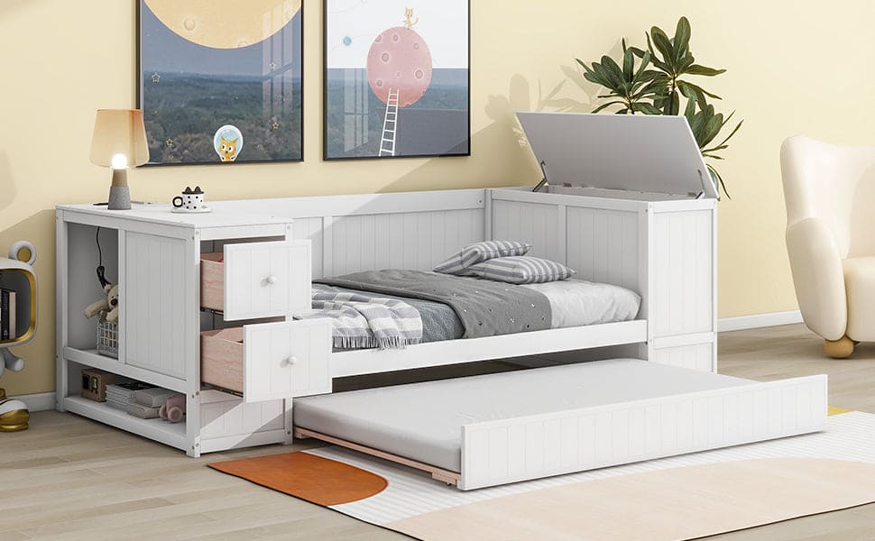 Twin Size Daybed with Storage Arms, Trundle and Charging Station, White