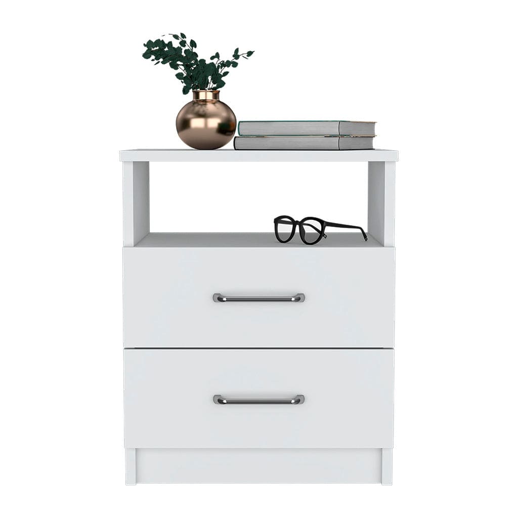 Nightstand Olienza, Two Drawers, One Shelf, White Finish