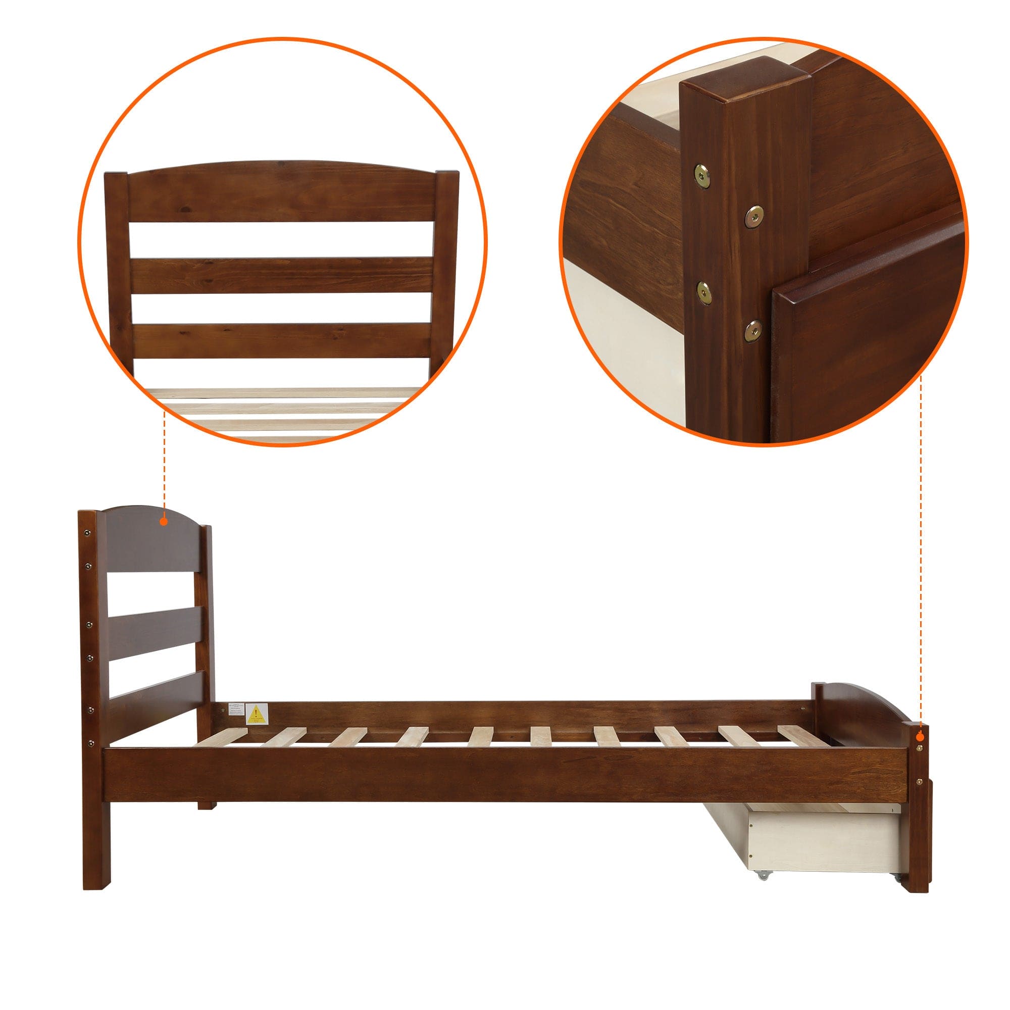 Platform Twin Bed Frame with Storage Drawer and Wood Slat Support No Box Spring Needed, Walnut