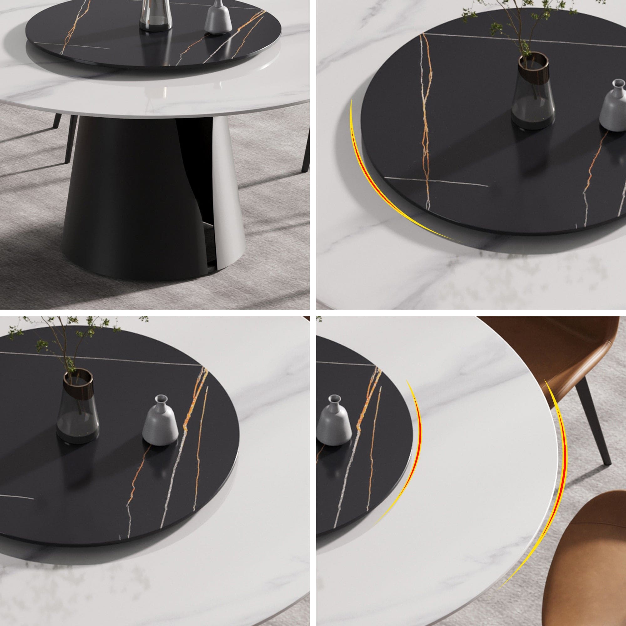 59.05"Modern artificial stone round black carbon steel base dining table-can accommodate 6 people-31.5"black artificial stone turntable