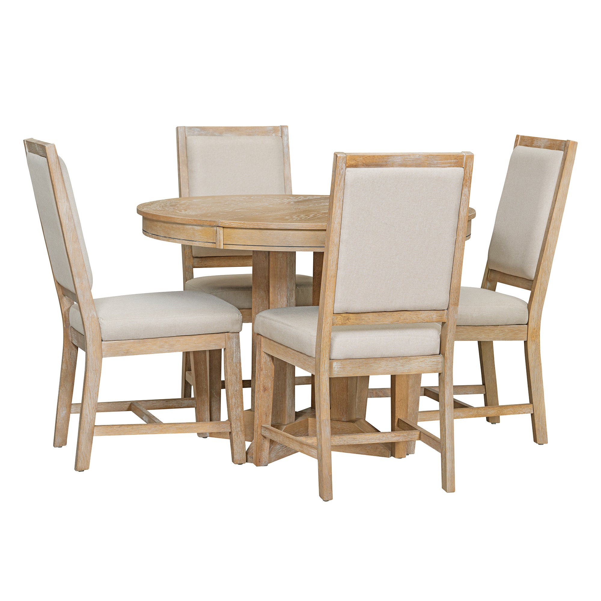 TREXM 5-Piece Dining Set Extendable Round Table and 4 Upholstered Chairs Farmhouse Dining Set for Kitchen, Dining Room(Natural Wood Wash)