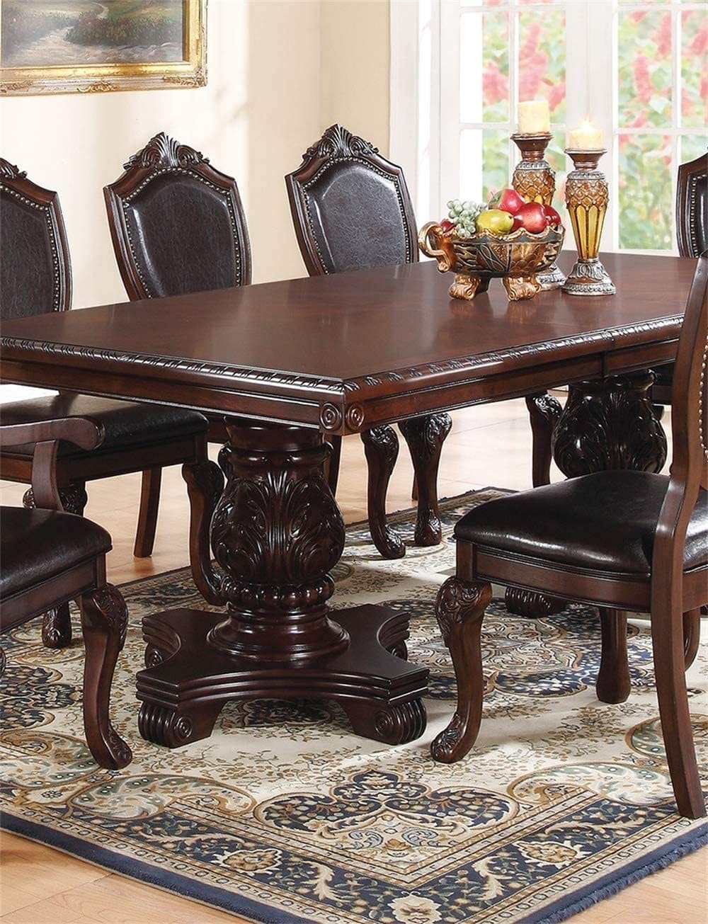 Formal Dining Room Table w Leaf 2x Arm Chairs And 6x Side Chairs Brown 9pc Set Dining Table Double Pedestal Base Royal Rectangle Table