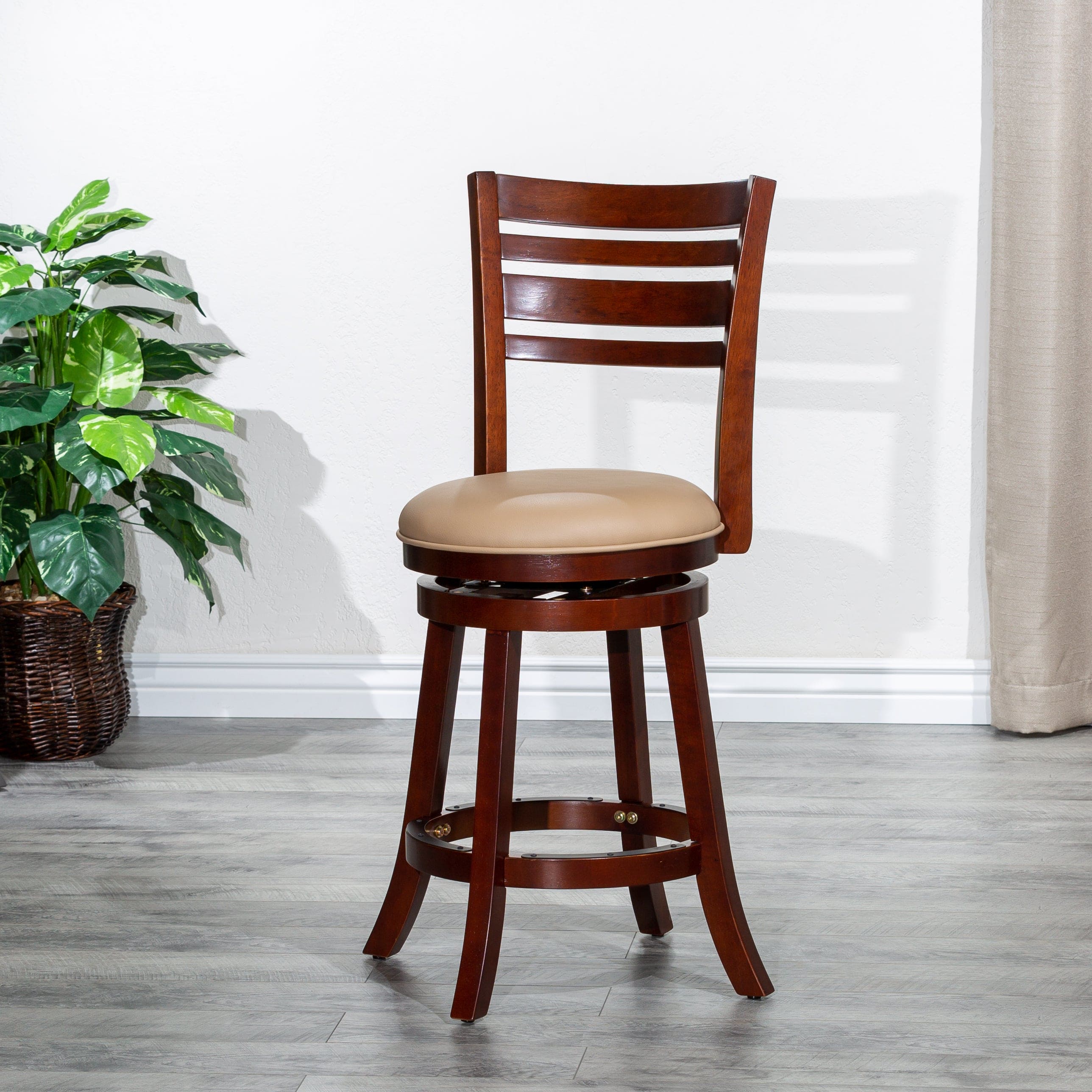 24" Counter Height Slat Back Swivel Stool, Cherry Finish, Bone Leather Seat