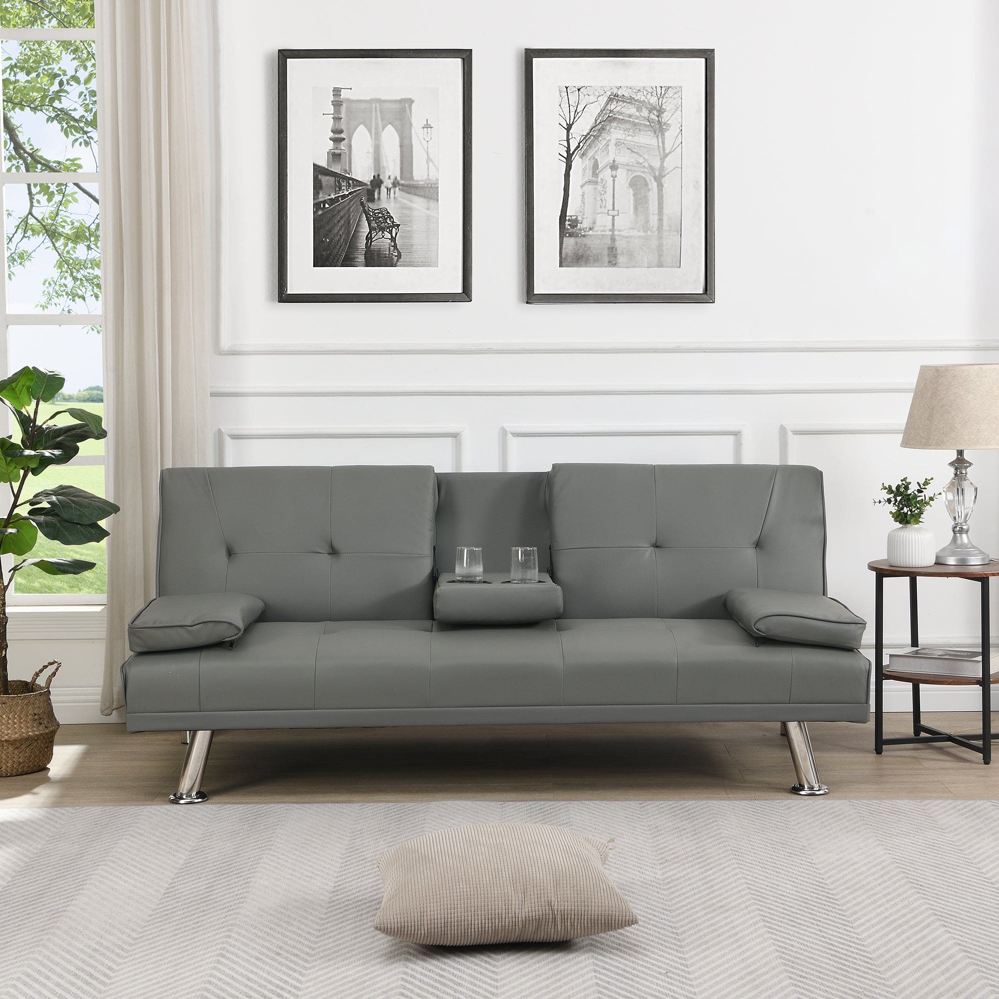 sofa bed with Armrest two holders  WOOD FRAME, STAINLESS LEG, FUTON GREY PVC