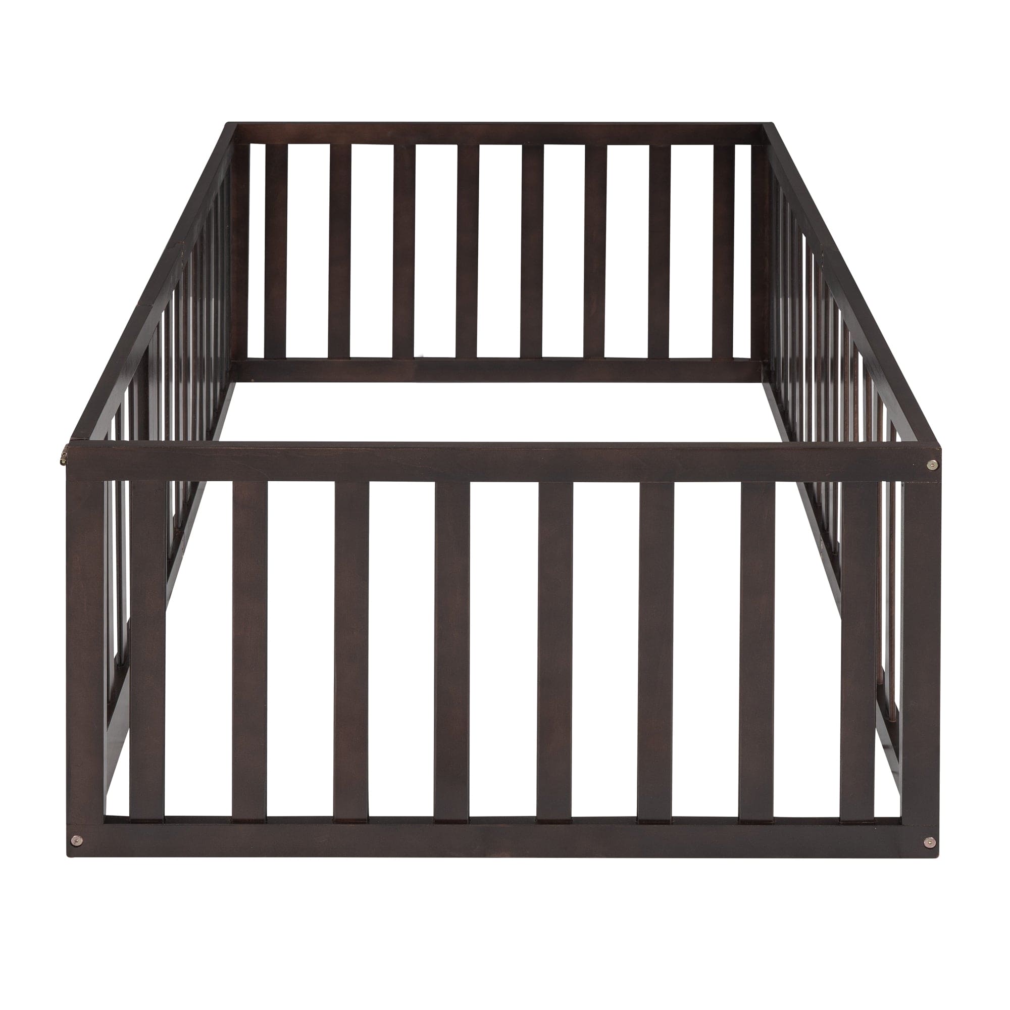 Twin Size Wood Floor Bed Frame with Fence and Door, Walnut(OLD SKU :WF289661AAL)