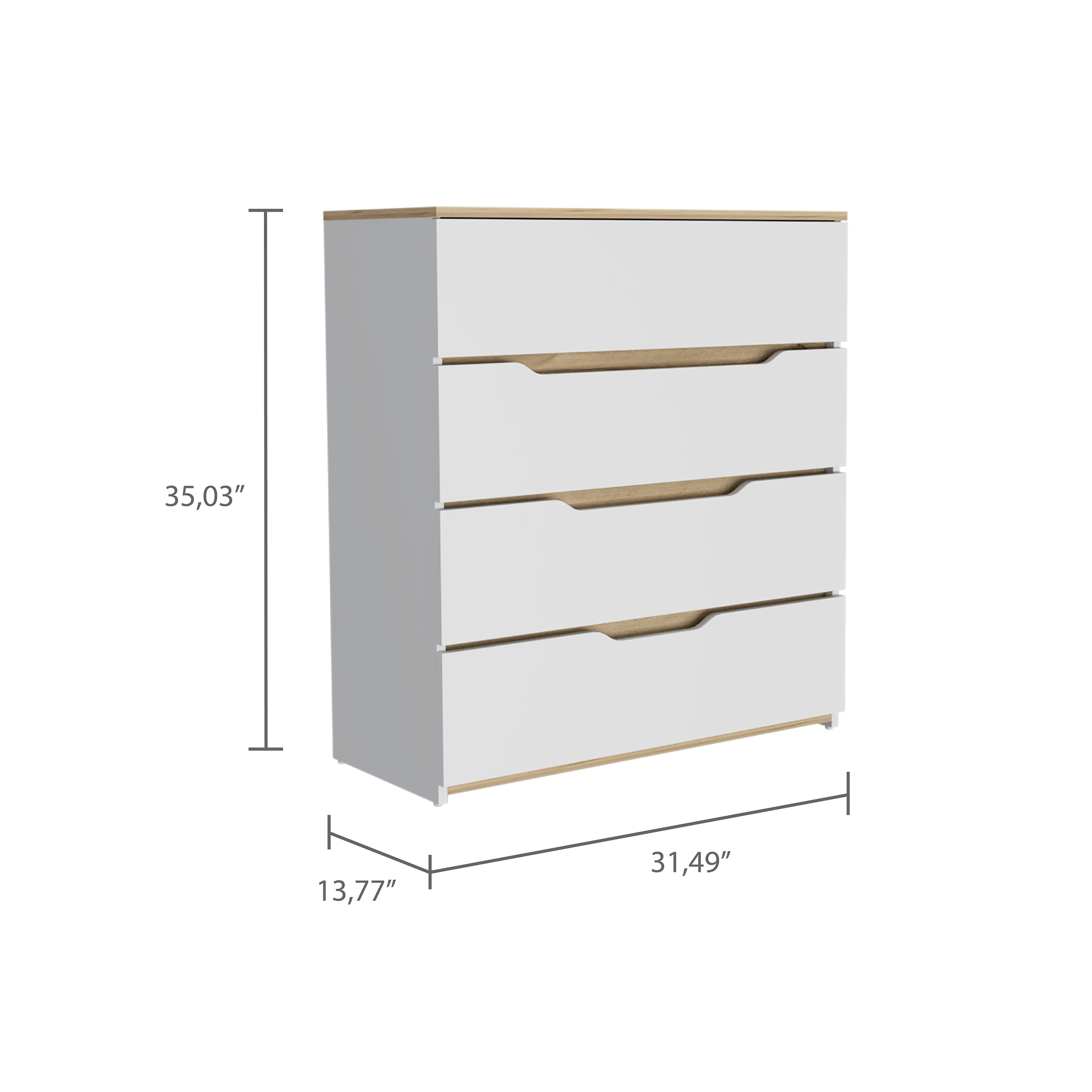 Dresser Oboe, Superior Top, Four Drawers, White / Light Oak Finish