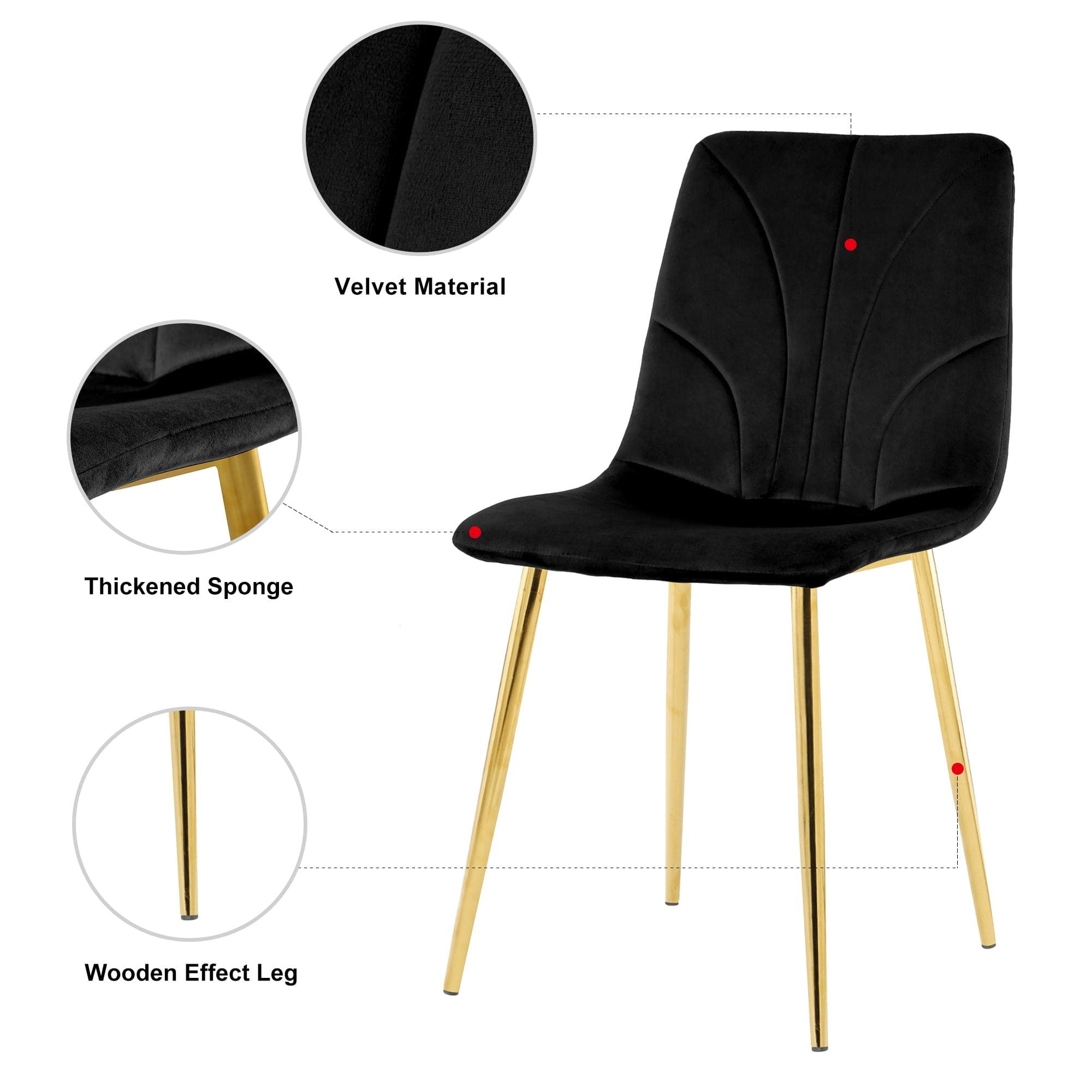 Modern simple light luxury dining black chair home bedroom stool back dressing chair student desk chair gold metal legs(set of 4)