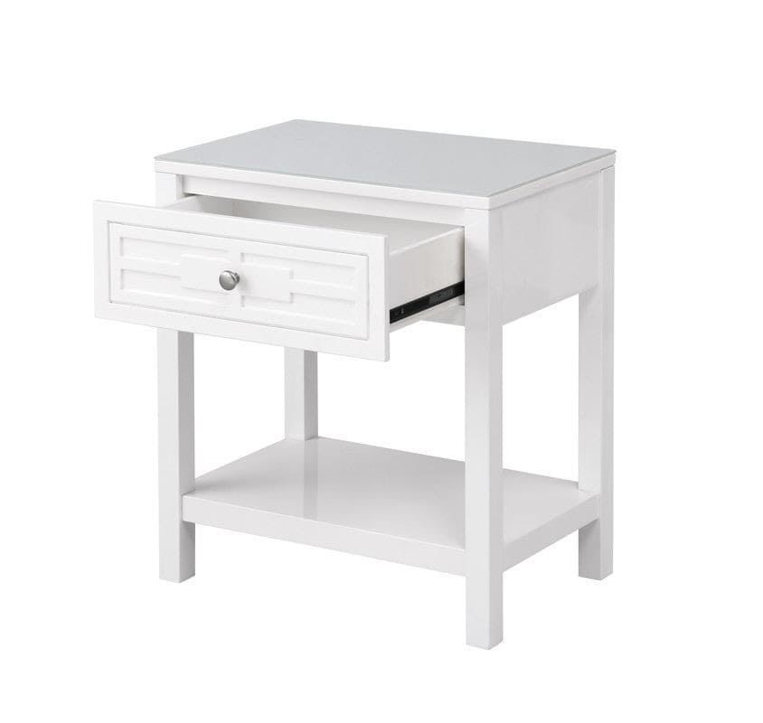 Dylan White Wooden End Side Table Nightstand with Glass Top and Drawer