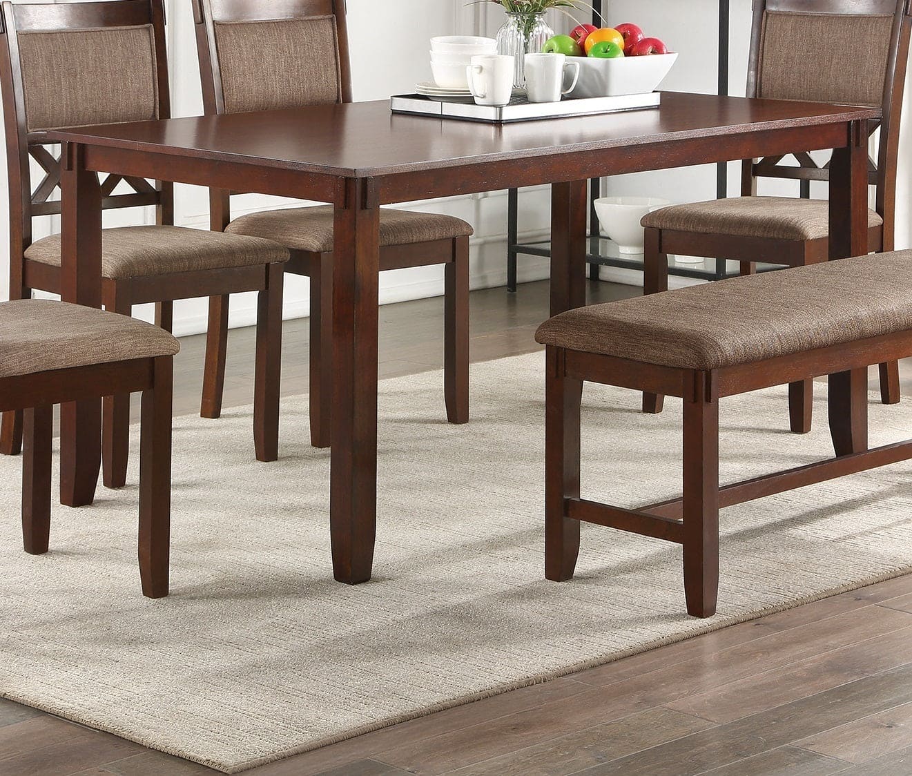 Espresso Color Dining Room Furniture Unique Modern 6pc Set Dining Table 4x Side Chairs and A Bench Solid wood Rubberwood and veneers