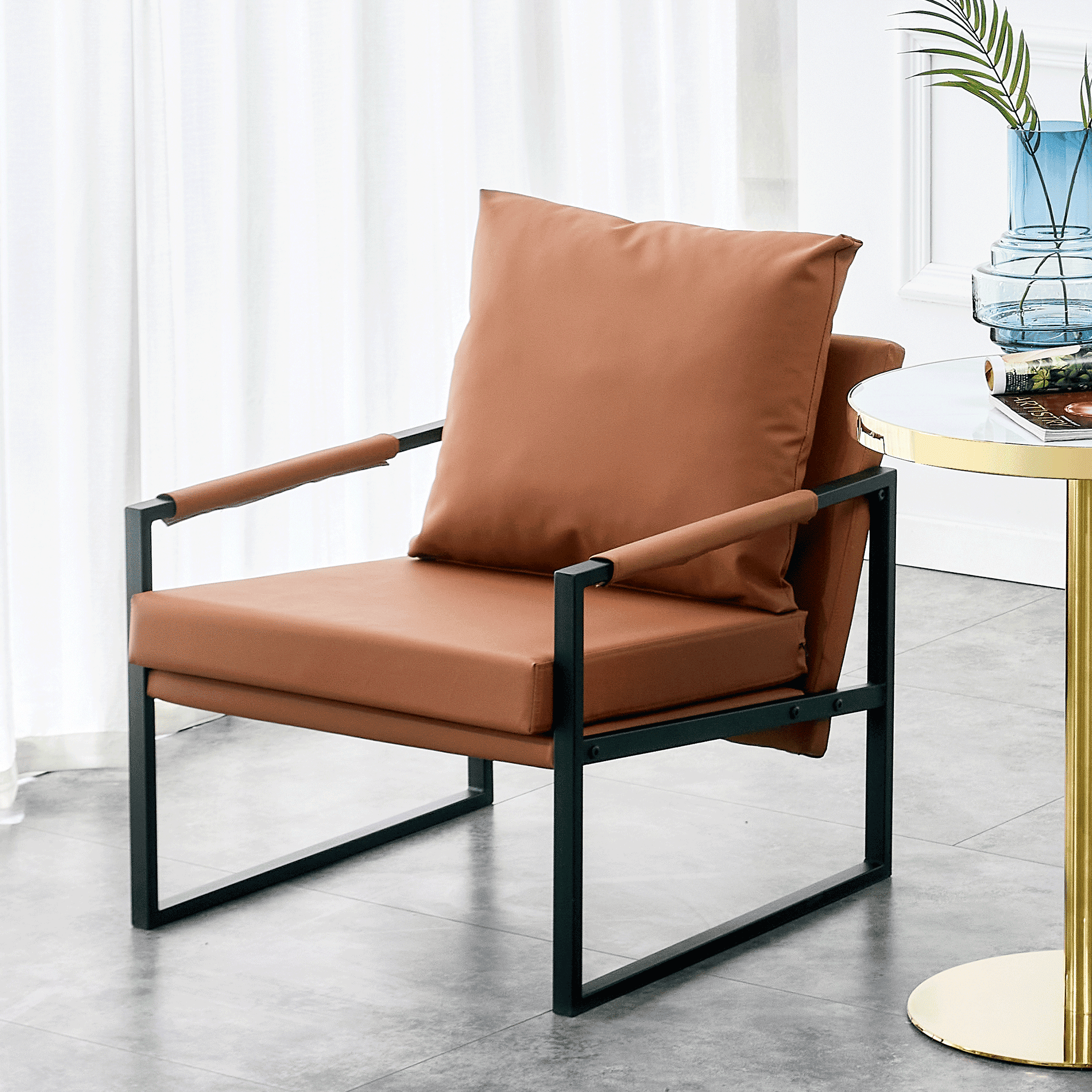 PU Leather Accent Arm Chair Mid Century Upholstered Armchair with Metal Frame Extra-Thick Padded Backrest and Seat Cushion Sofa Chairs for Living Room ( Brown PU Leather + Metal Frame + Foam)SF-008