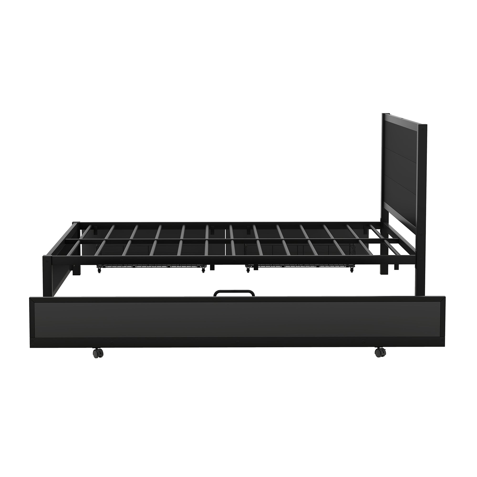 Metal Queen Size Storage Platform Bed with Twin Size Trundle and 2 Drawers, Black