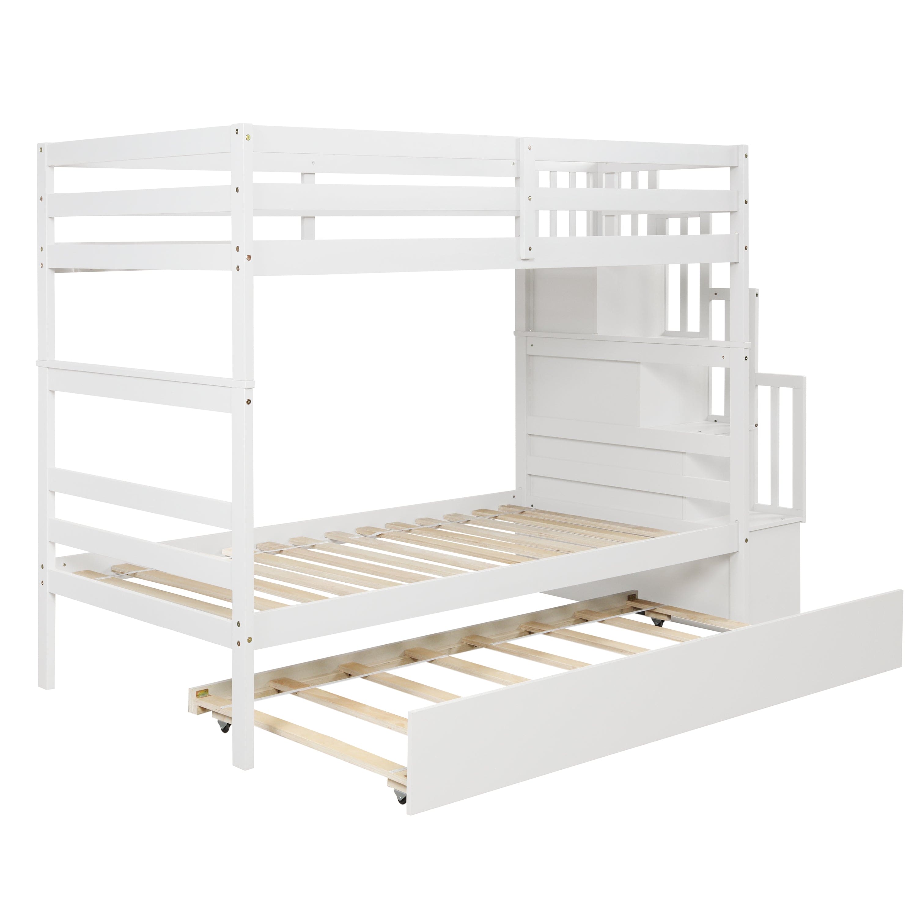 Twin over Twin Bunk Beds With Twin Trundle and Stairway Storage Function in White color