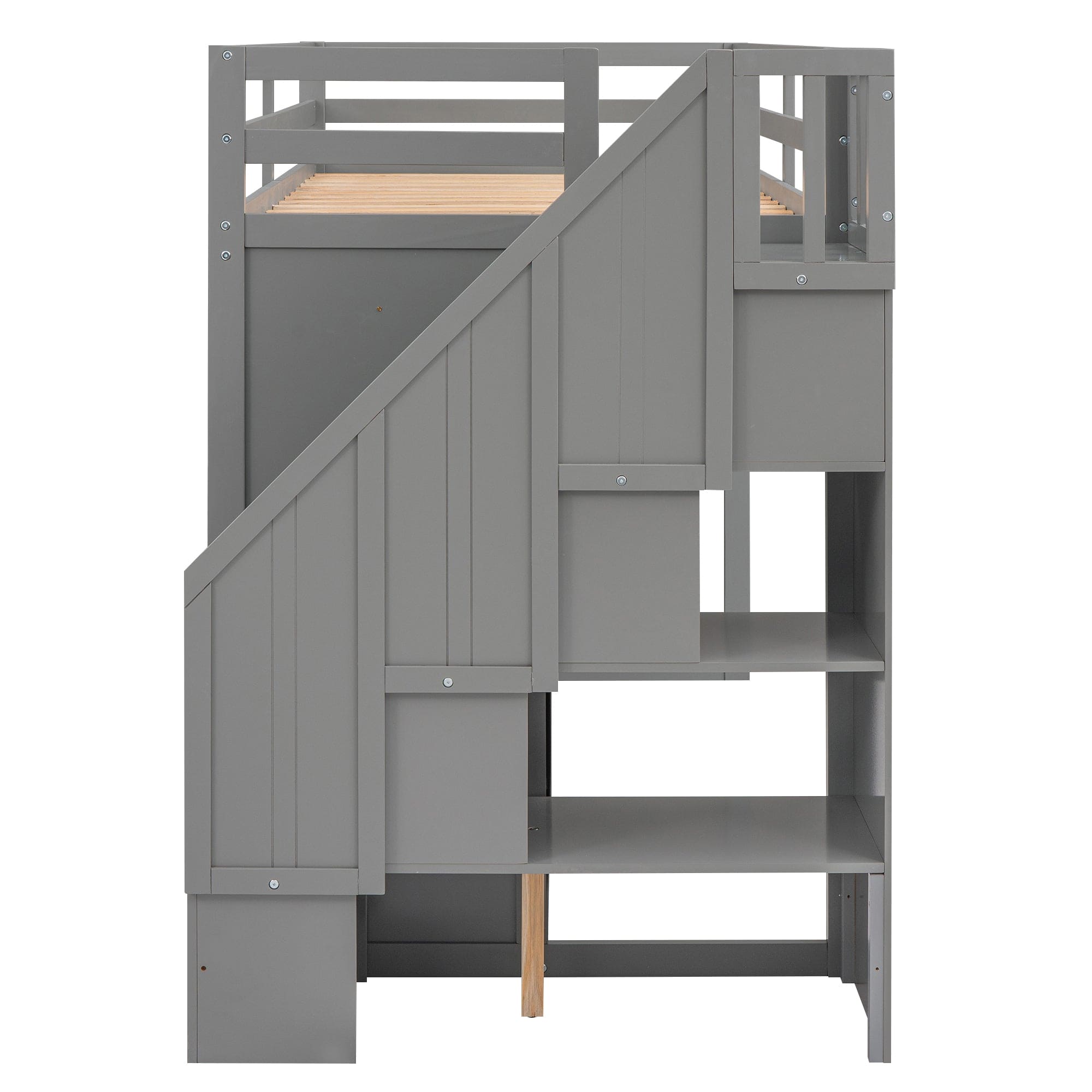 Functional Loft Bed with 3 Shelves, 2 Wardrobes and 2 Drawers,  Ladder with Storage, No Box Spring Needed, Gray