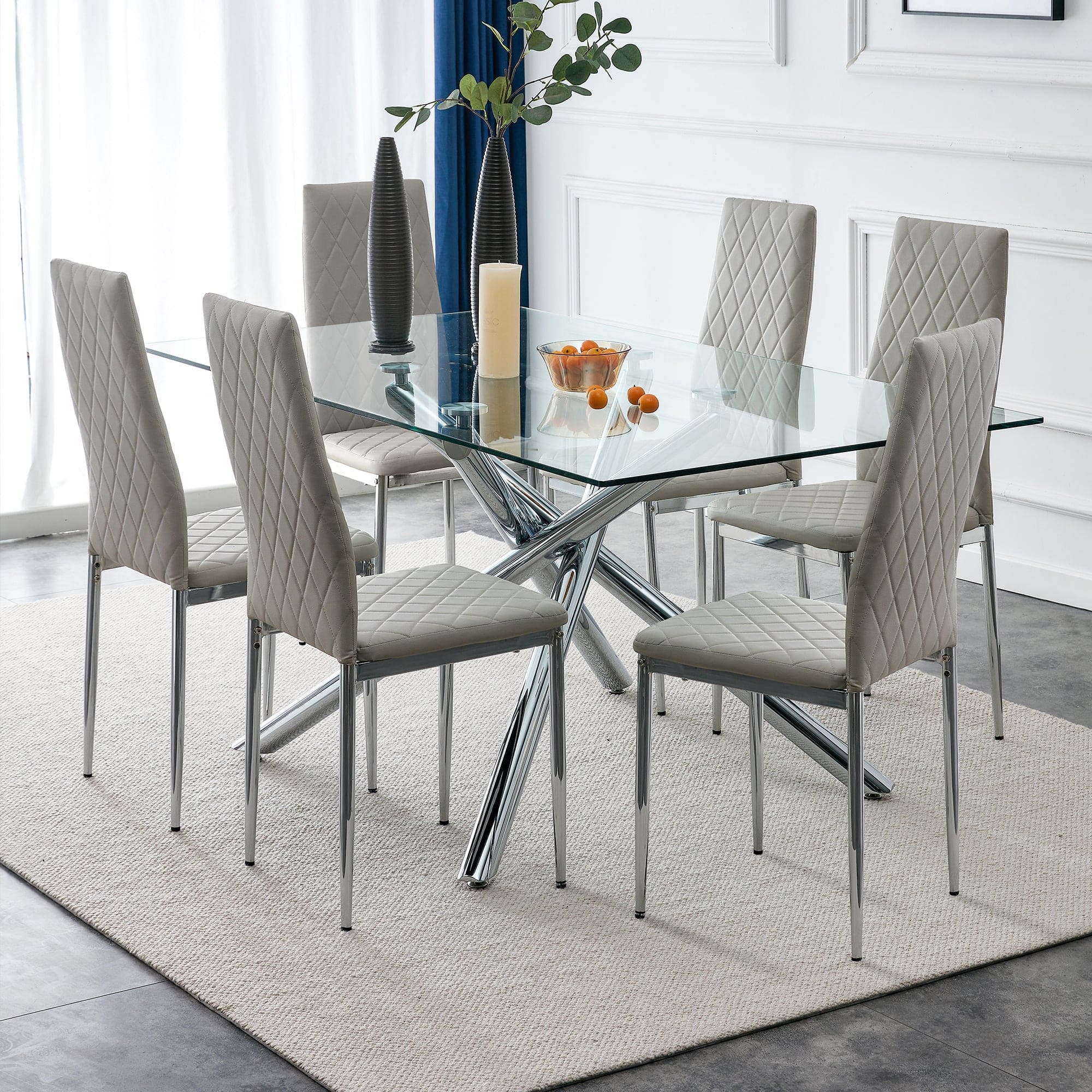 Grid armless high backrest dining chair, 6-piece set, office chair. Suitable for restaurants, living rooms, kitchens, and offices. Light gray chairs and electroplated metal legs  0924