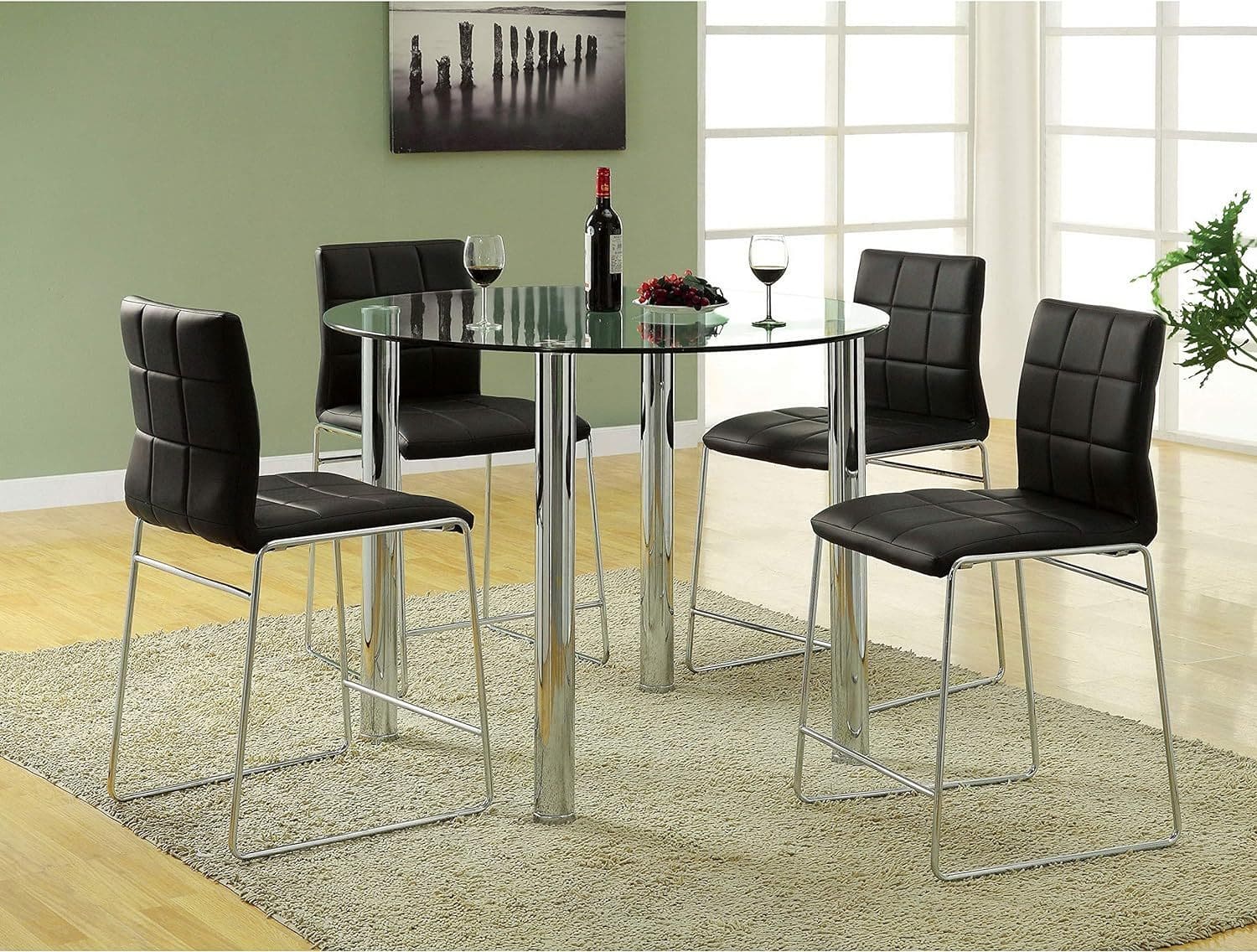 Black Color Leatherette 2pcs Counter Height Dining Chairs Chrome Metal Legs Dining Room Counter Height Chairs