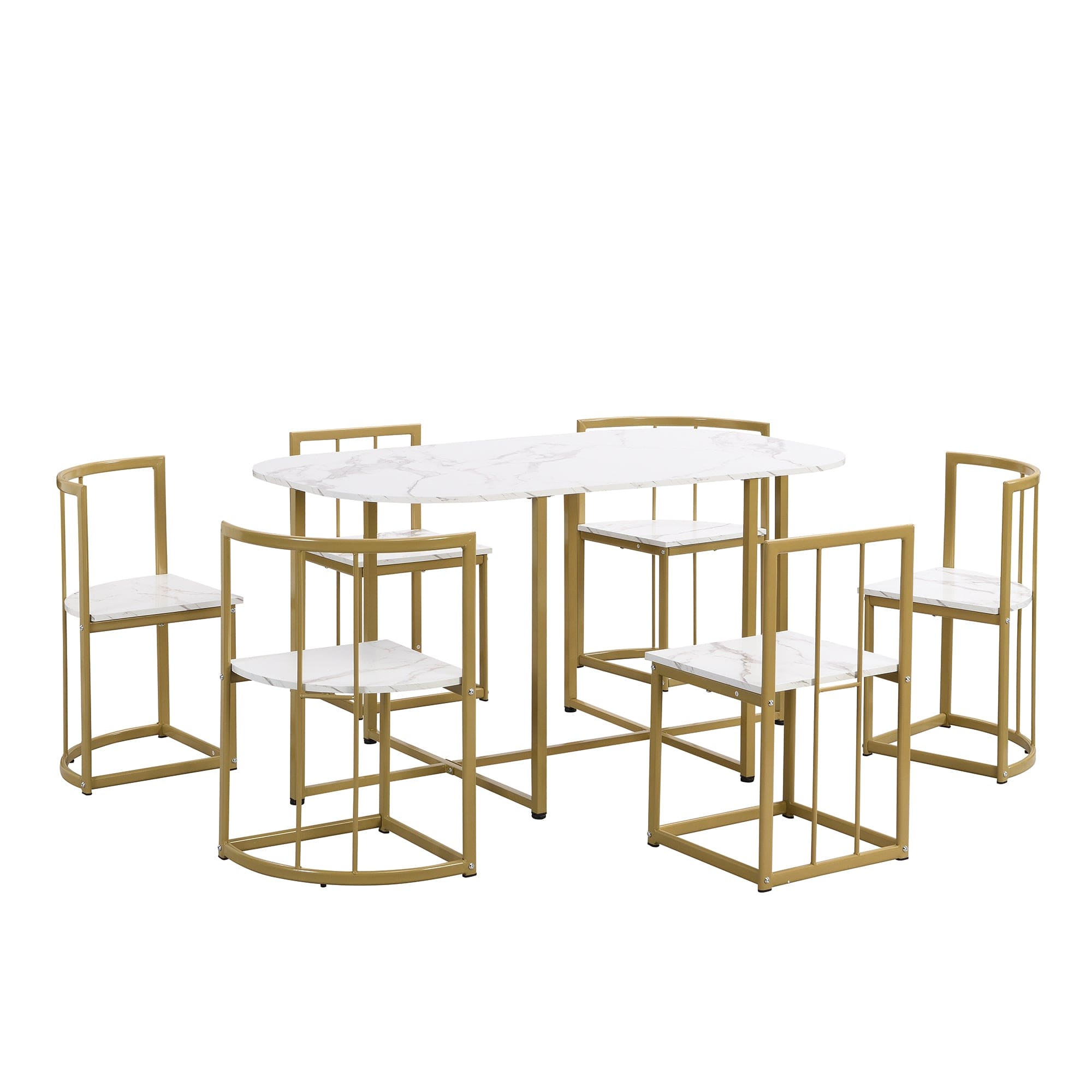 TOPMAX Modern 7-Piece Dining Table Set with Faux Marble Compact 55Inch Kitchen Table Set for 6, Golden+White