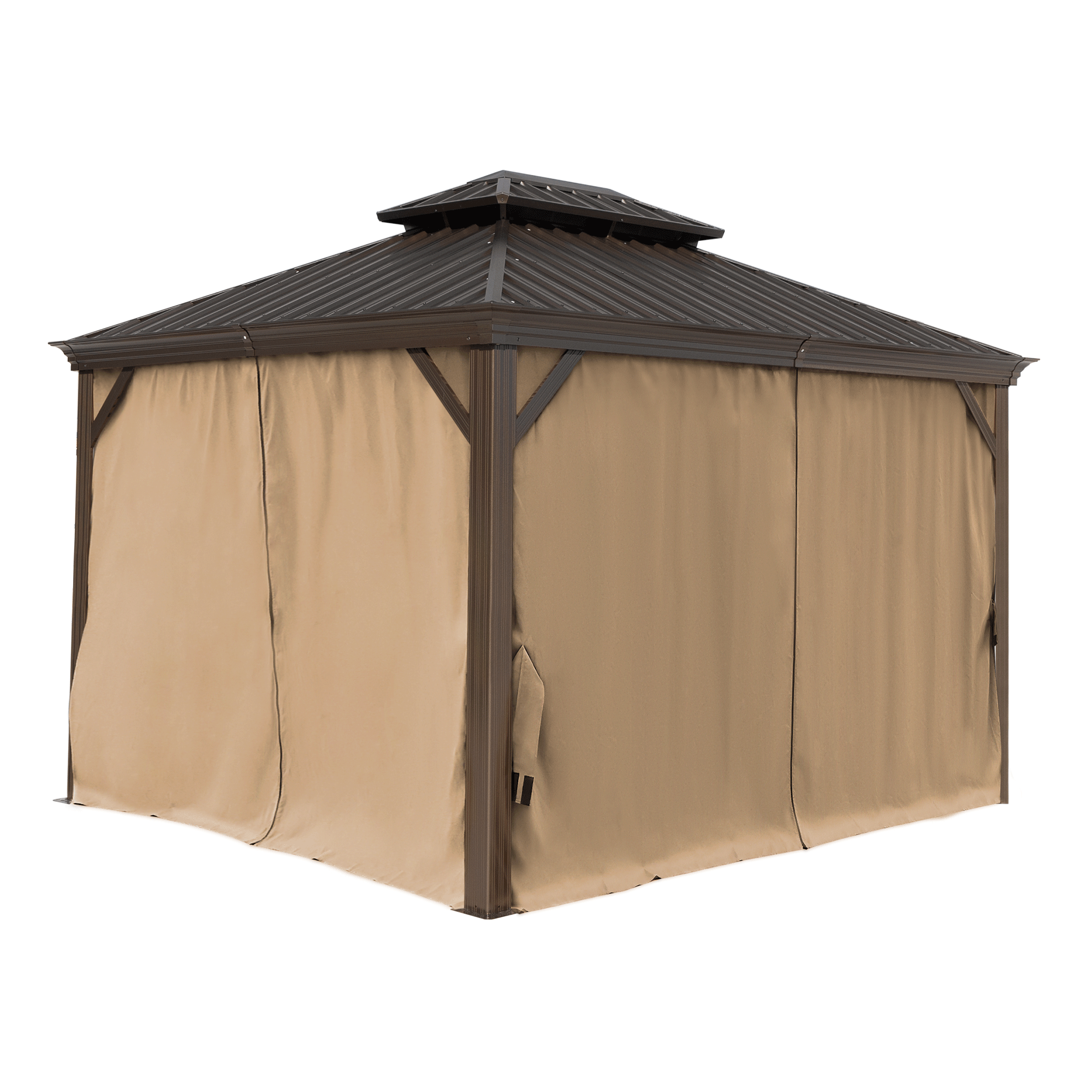 10x12ft Hardtop Gazebo with Netting & Curtain, Brown