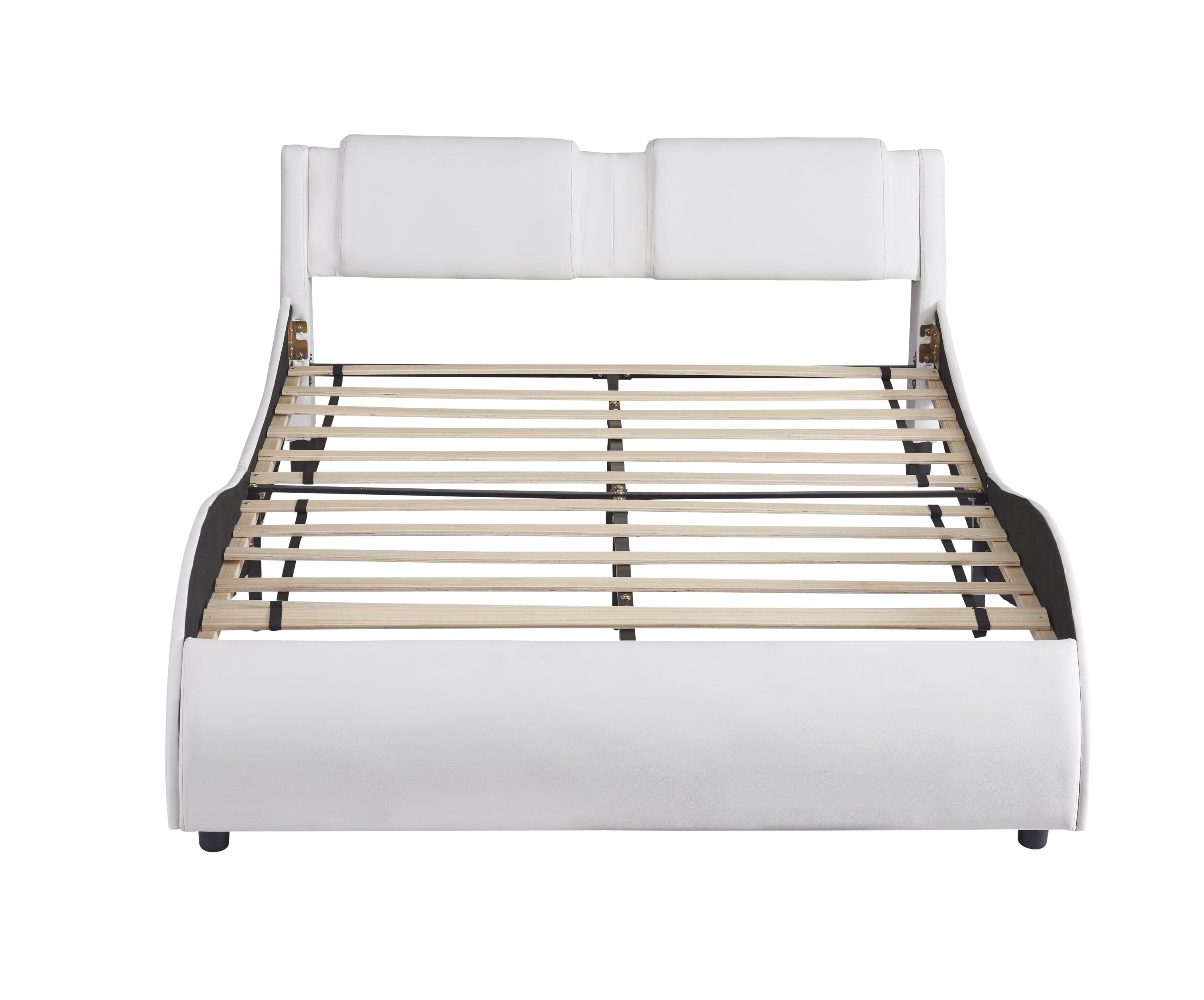 Full Size Upholstered Faux Leather Platform Bed with LED Light Bed Frame with Slatted - White