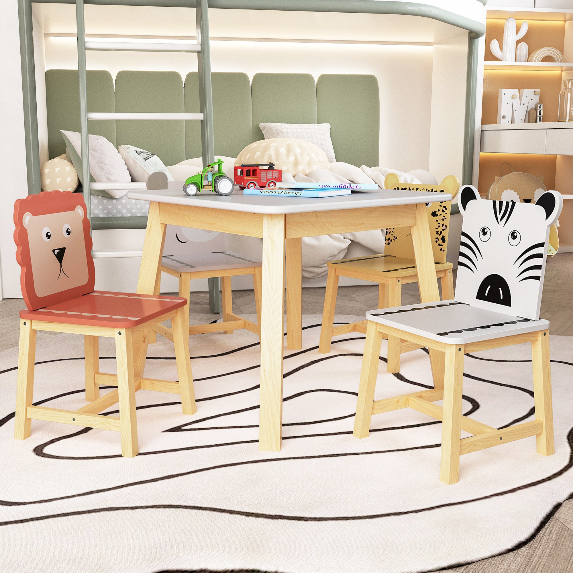 5 Piece Kiddy Table and Chair Set , Kids Wood Table with 4 Chairs Set Cartoon Animals (bigger table) (3-8 years old)