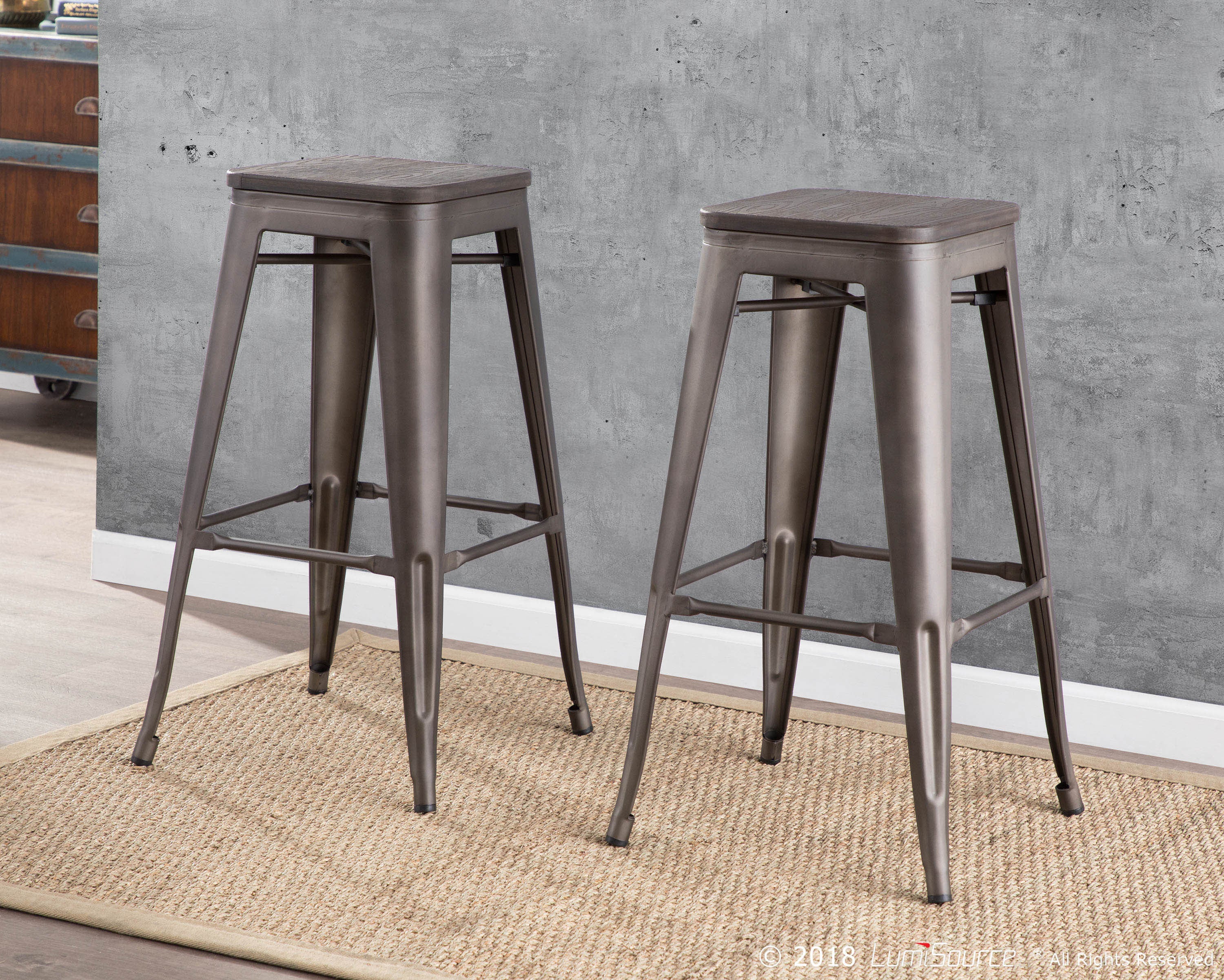 Oregon Industrial Stackable Barstool in Antique and Espresso by LumiSource - Set of 2