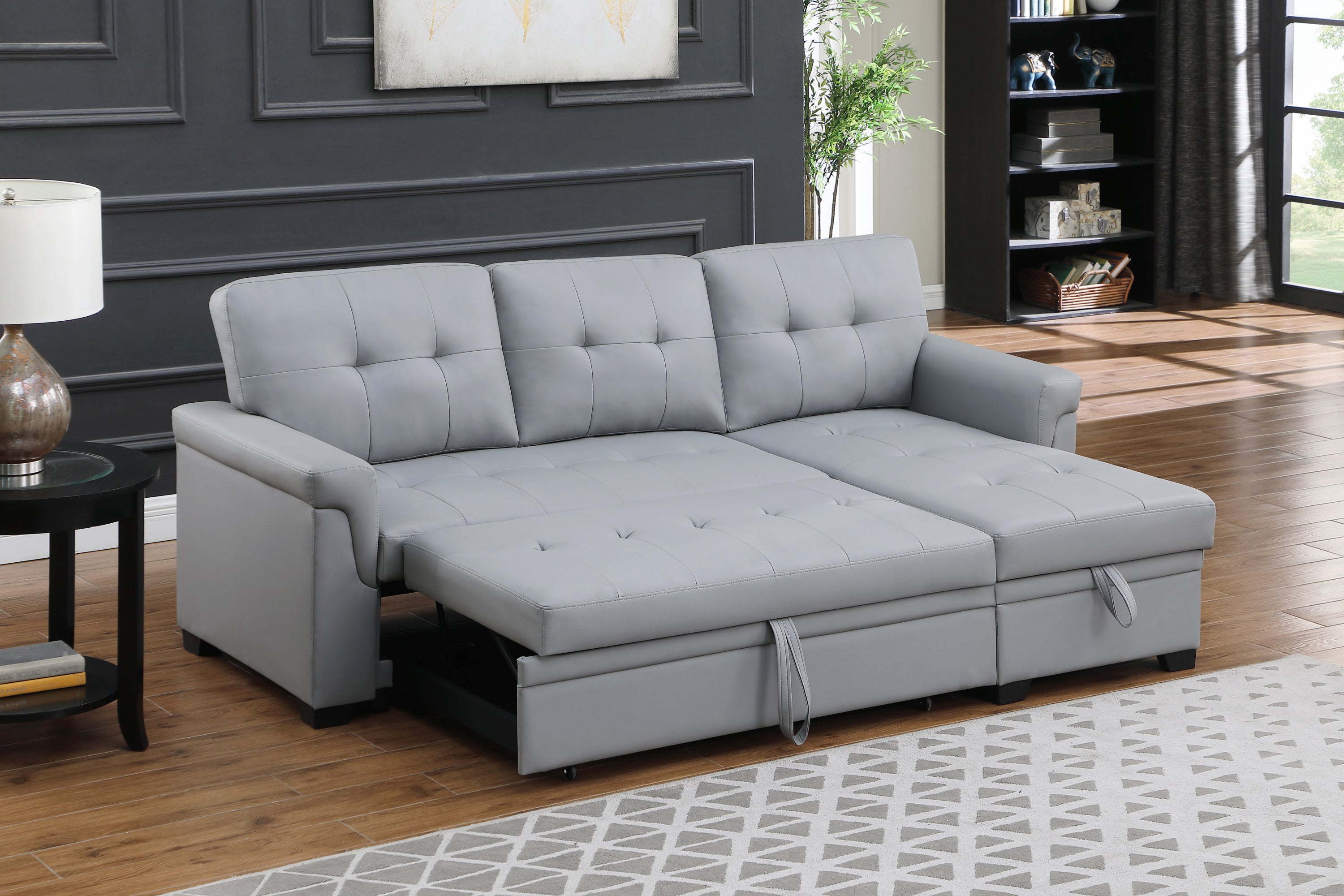 Lexi Gray Vegan Leather Modern Reversible Sleeper Sectional Sofa with Storage Chaise