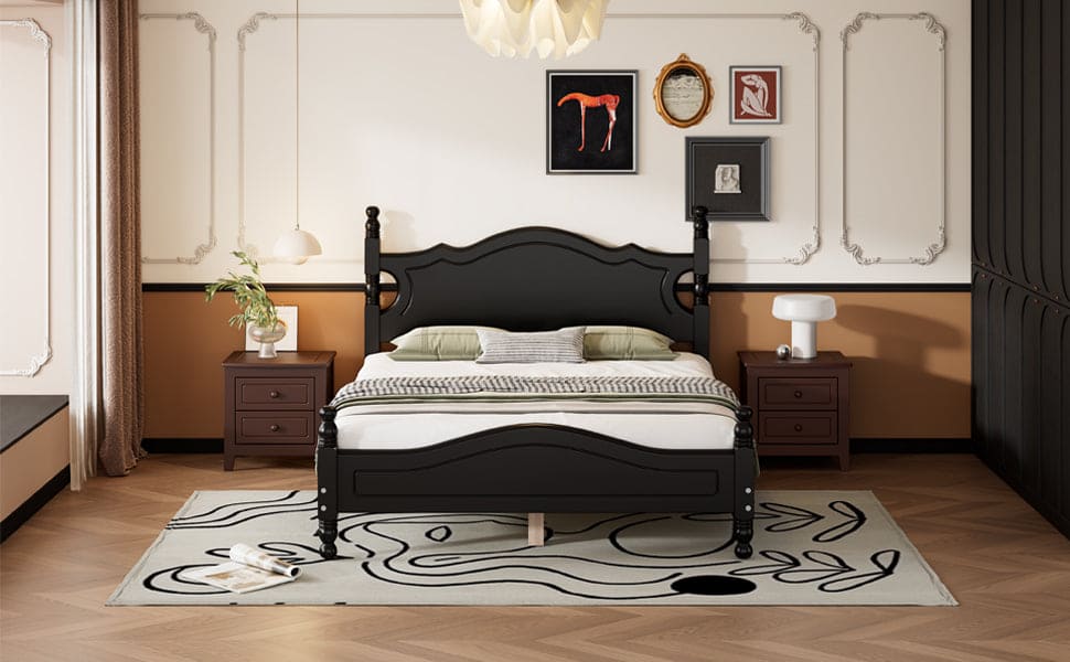 Full Size Wood Platform Bed Frame,Retro Style Platform Bed with Wooden Slat Support,Black