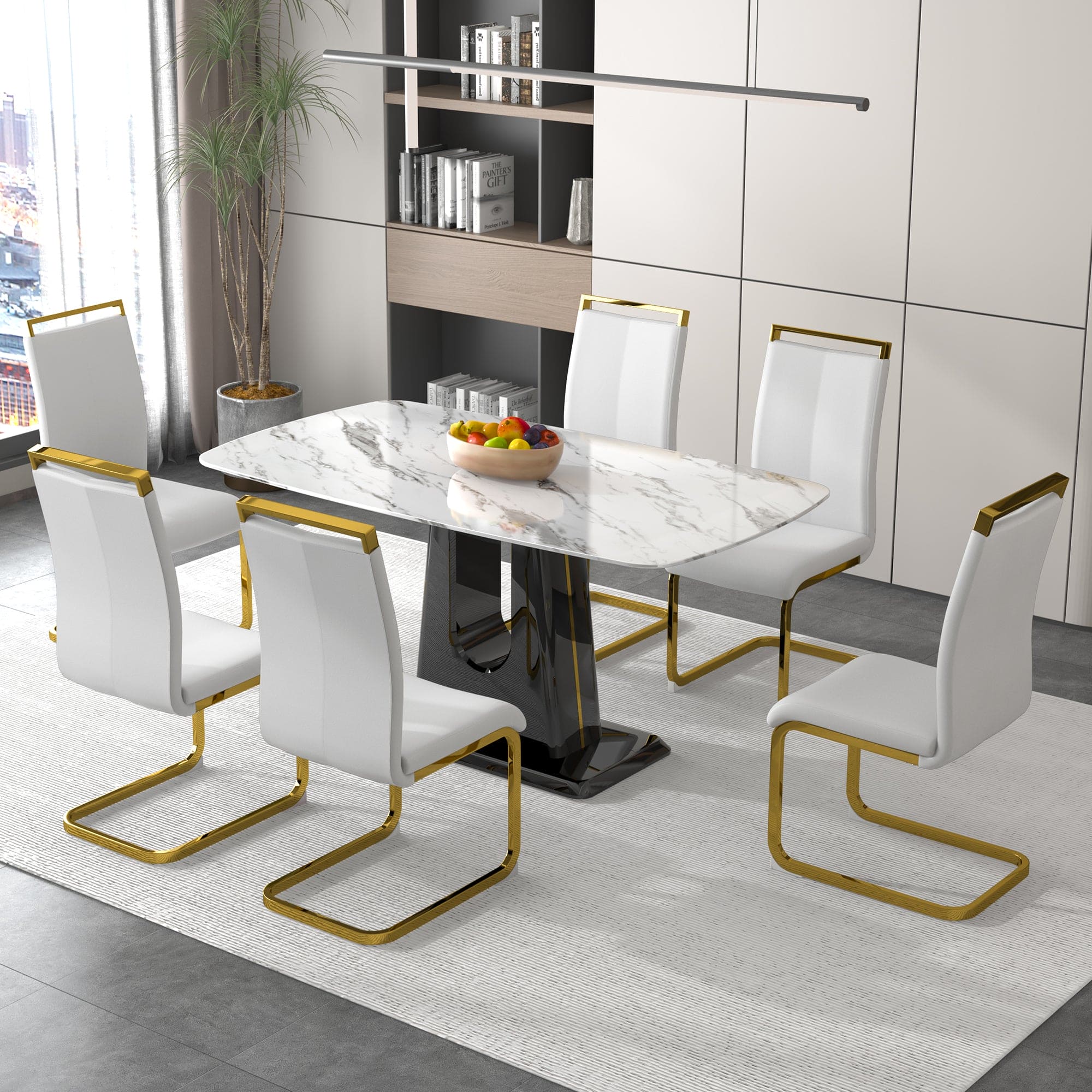 A modern, minimalist, and luxurious dining table with a white imitation marble tabletop and MDF legs with U-shaped brackets. Tables in restaurants and living rooms 63"*35.4"*30  F-U