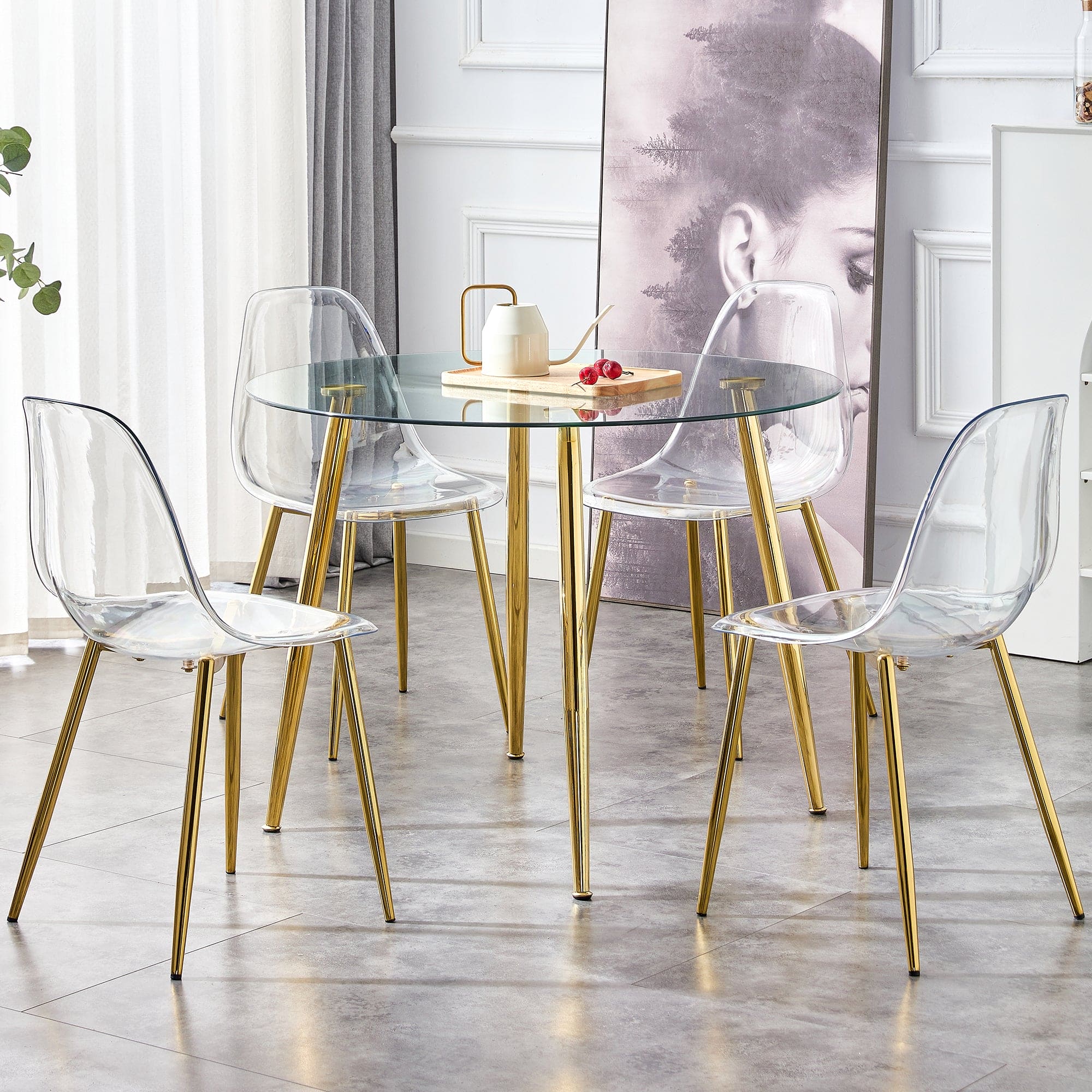 A glass tabletop with a diameter of 40 inches and a modern minimalist circular dining table with gold plated metal legs. 40 '* 40' * 30 ' DT-1164