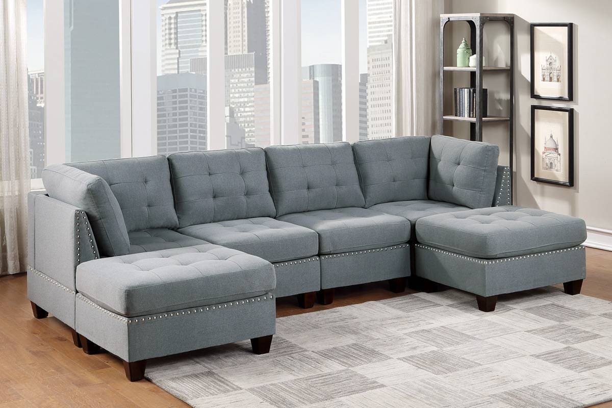 Modular Sectional 6pc Set Living Room Furniture U-Sectional Tufted Nail heads Couch Gray Linen Like Fabric 2x Corner Wedge 2x Armless Chairs and 2x Ottomans