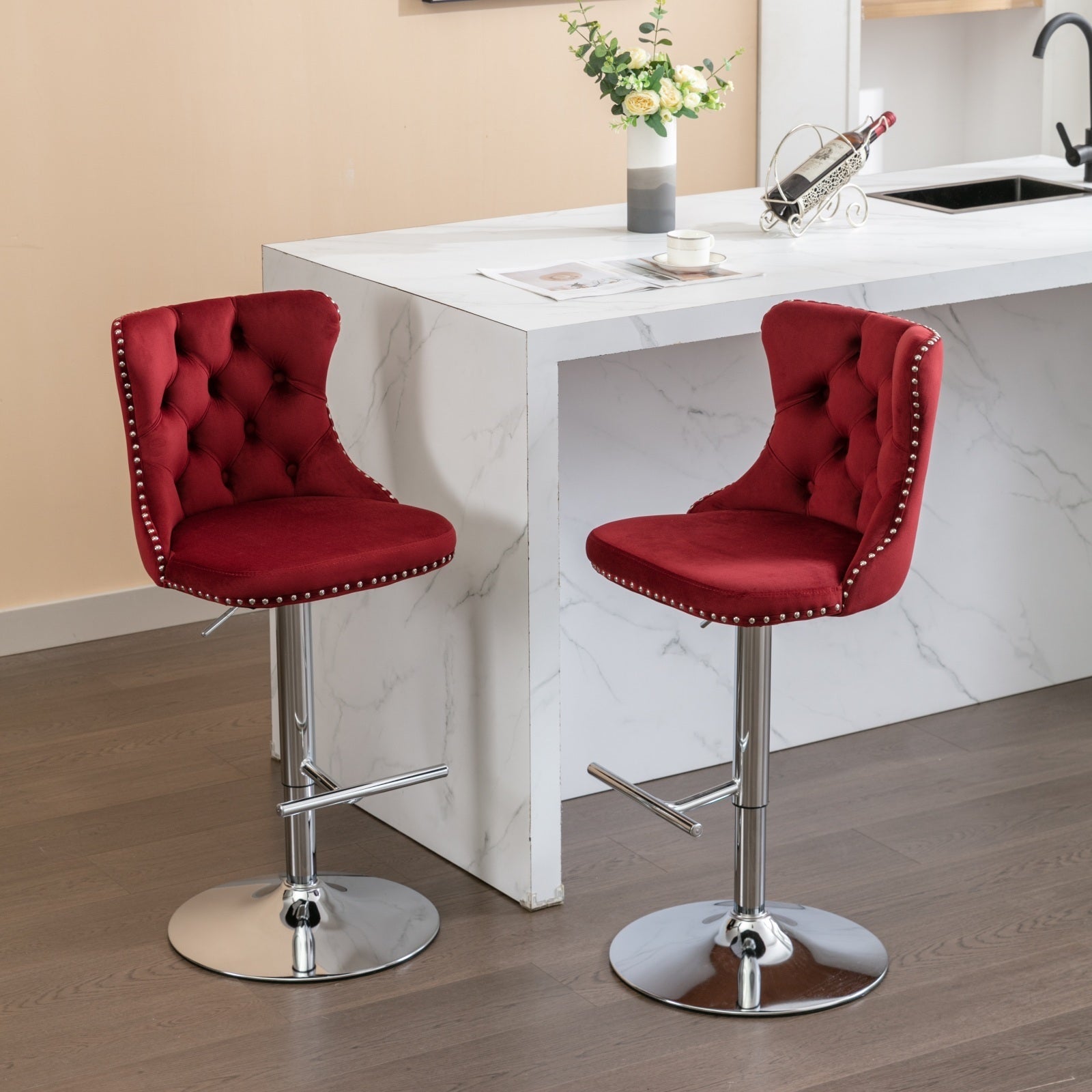 Swivel Velvet Barstools Adjusatble Seat Height from 25-33 Inch, Chrome base Bar Stools with Backs Comfortable Tufted for Home Pub and Kitchen Island, Wine Red,Burgundy,Set of 2,1712WR