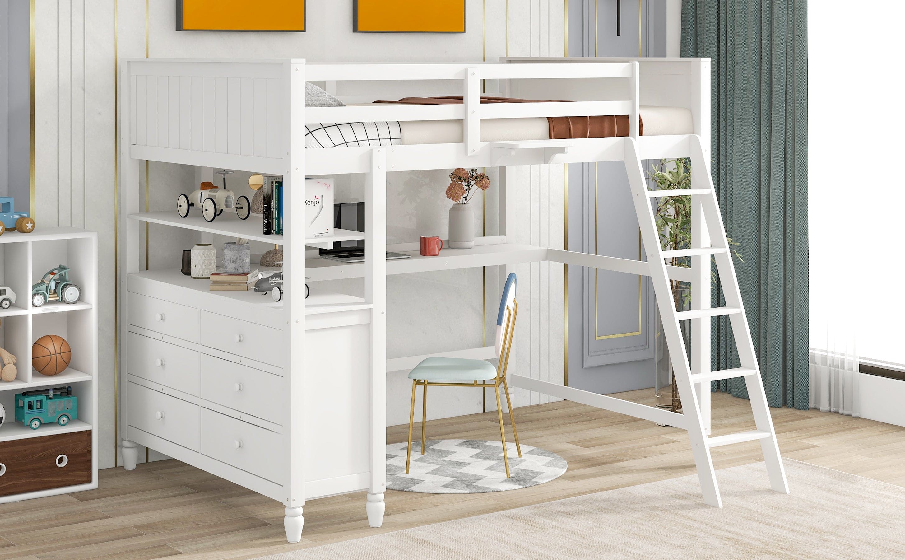 Full size Loft Bed with Drawers and Desk, Wooden Loft Bed with Shelves - White(OLD SKU:LT001529AAK)