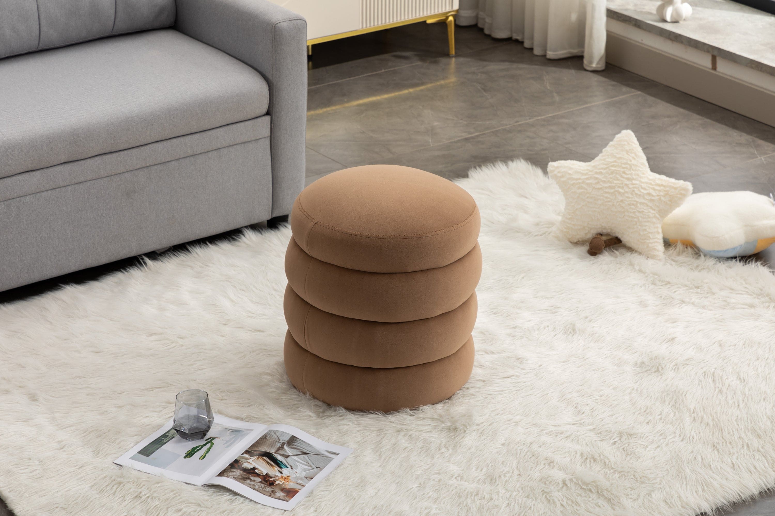 006-Soft Velvet  Round Ottoman Footrest Stool,Coffee