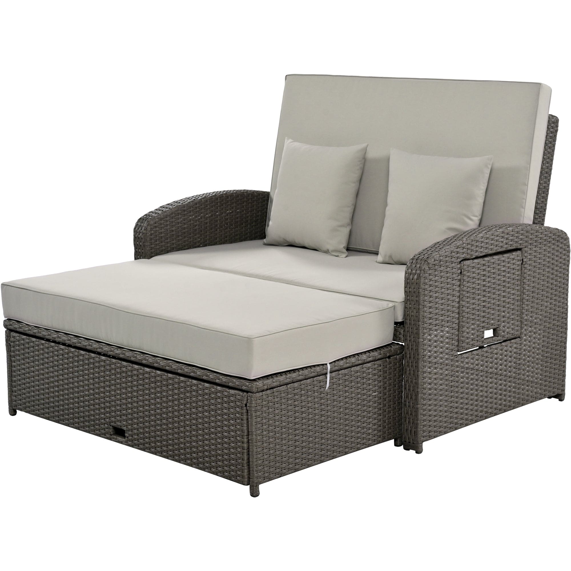 TOPMAX PE Wicker Rattan Double Chaise Lounge, 2-Person Reclining Daybed with Adjustable Back and Cushions, Free Furniture Protection Cover,Gray